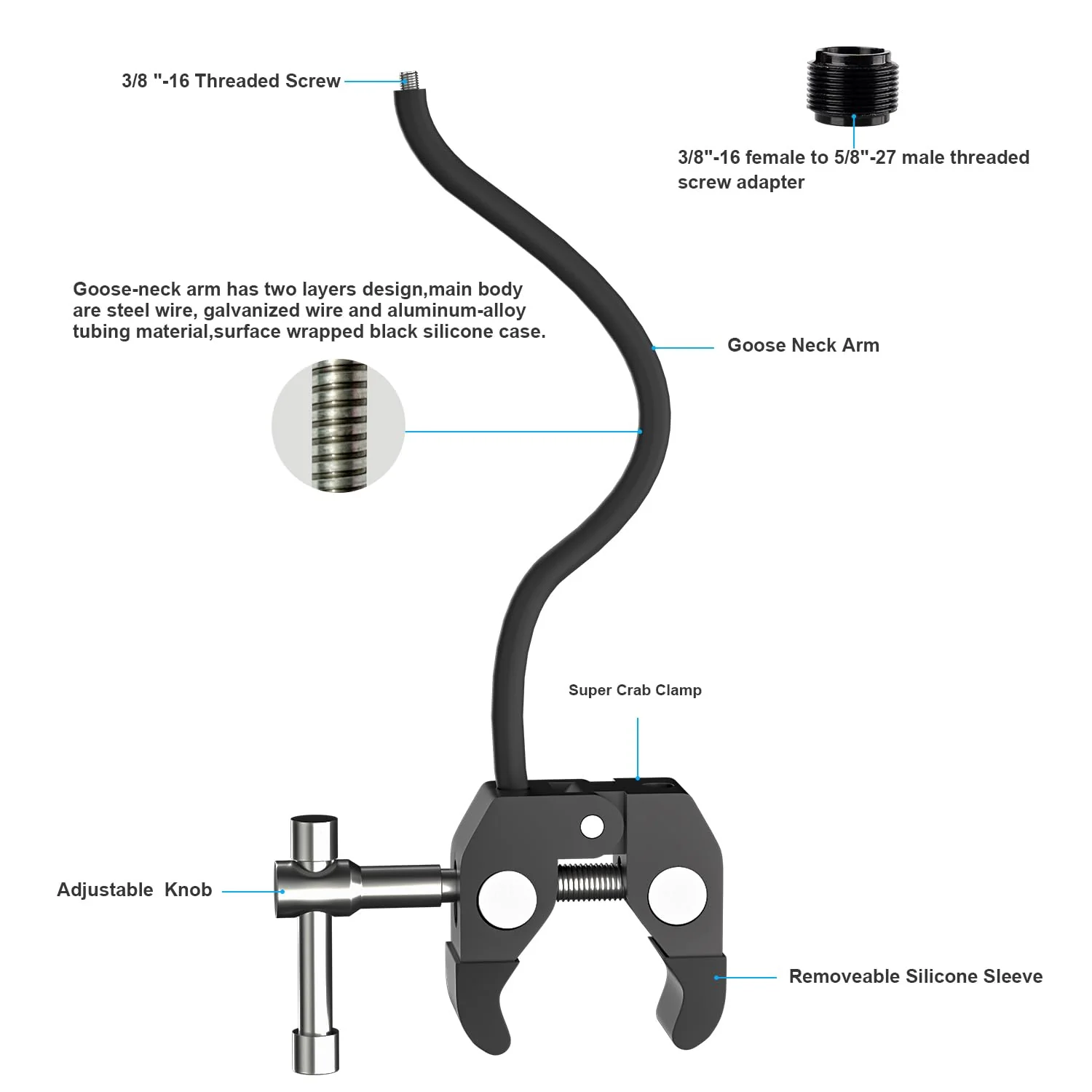 Gooseneck Microphone Stand,19.69" Flexible Adjustable Arm Super Crab Clamp Mic Clip 3/8"-16 to 5/8"-27 Adapter Mount,Compatible with Shure/Fifine / AT2020 / Pyle/Blue Snowball/Razer Gooseneck Microphone Stand - Image 4