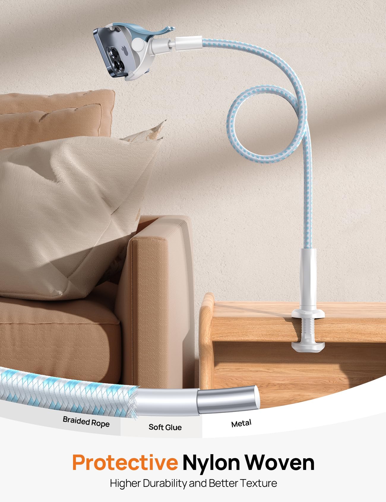Gooseneck Phone Holder for Bed - [2023 Upgrade Nylon Braid] 38” Flexible Lazy Arm Clip, 360 Adjustable Overhead Phone Mount for iPhone 14 13 12 11 Pro Max Mini Plus, all 4-7" Cellphone - White - Image 3