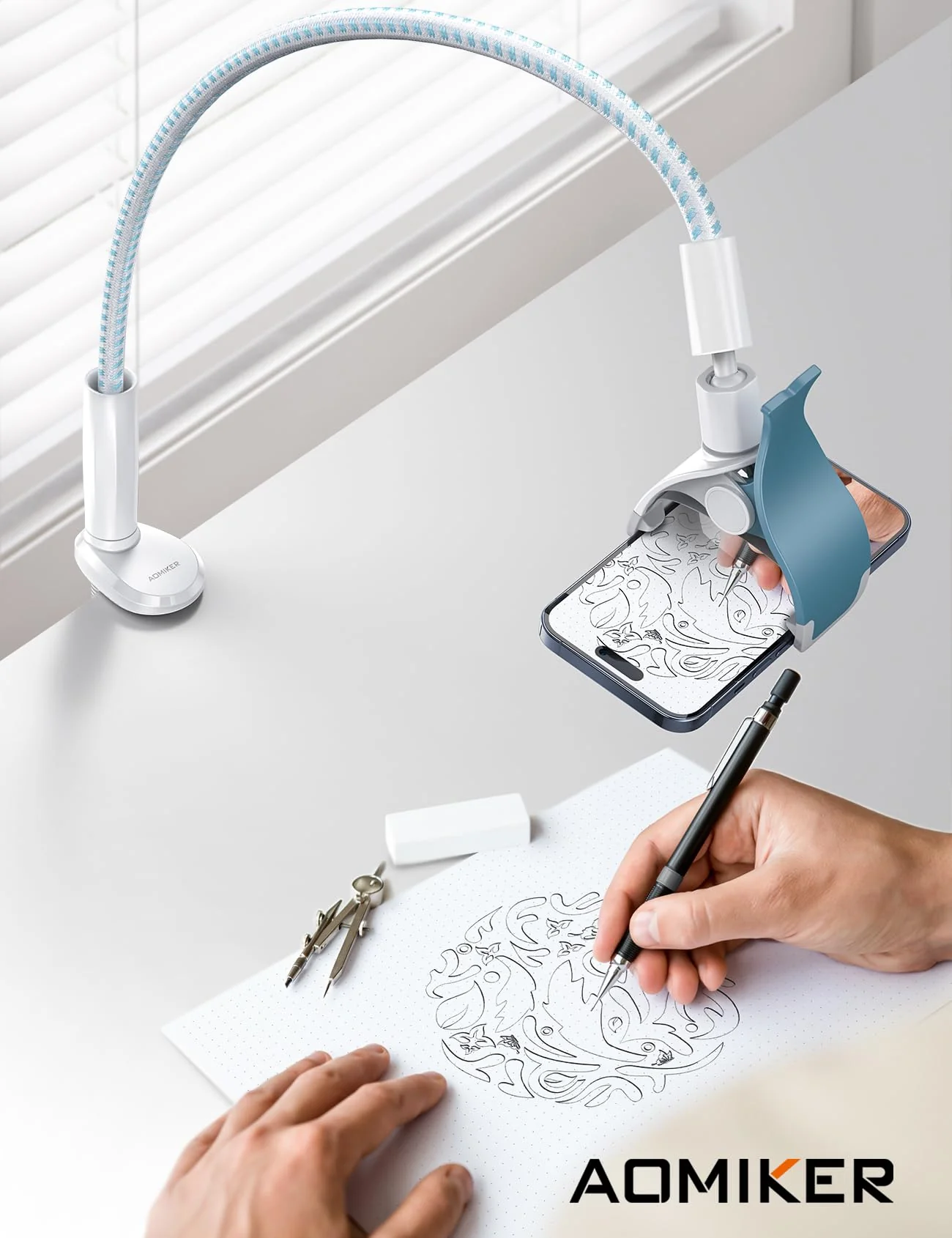 Gooseneck Phone Holder for Bed - [2023 Upgrade Nylon Braid] 38” Flexible Lazy Arm Clip, 360 Adjustable Overhead Phone Mount for iPhone 14 13 12 11 Pro Max Mini Plus, all 4-7" Cellphone - White - Image 7