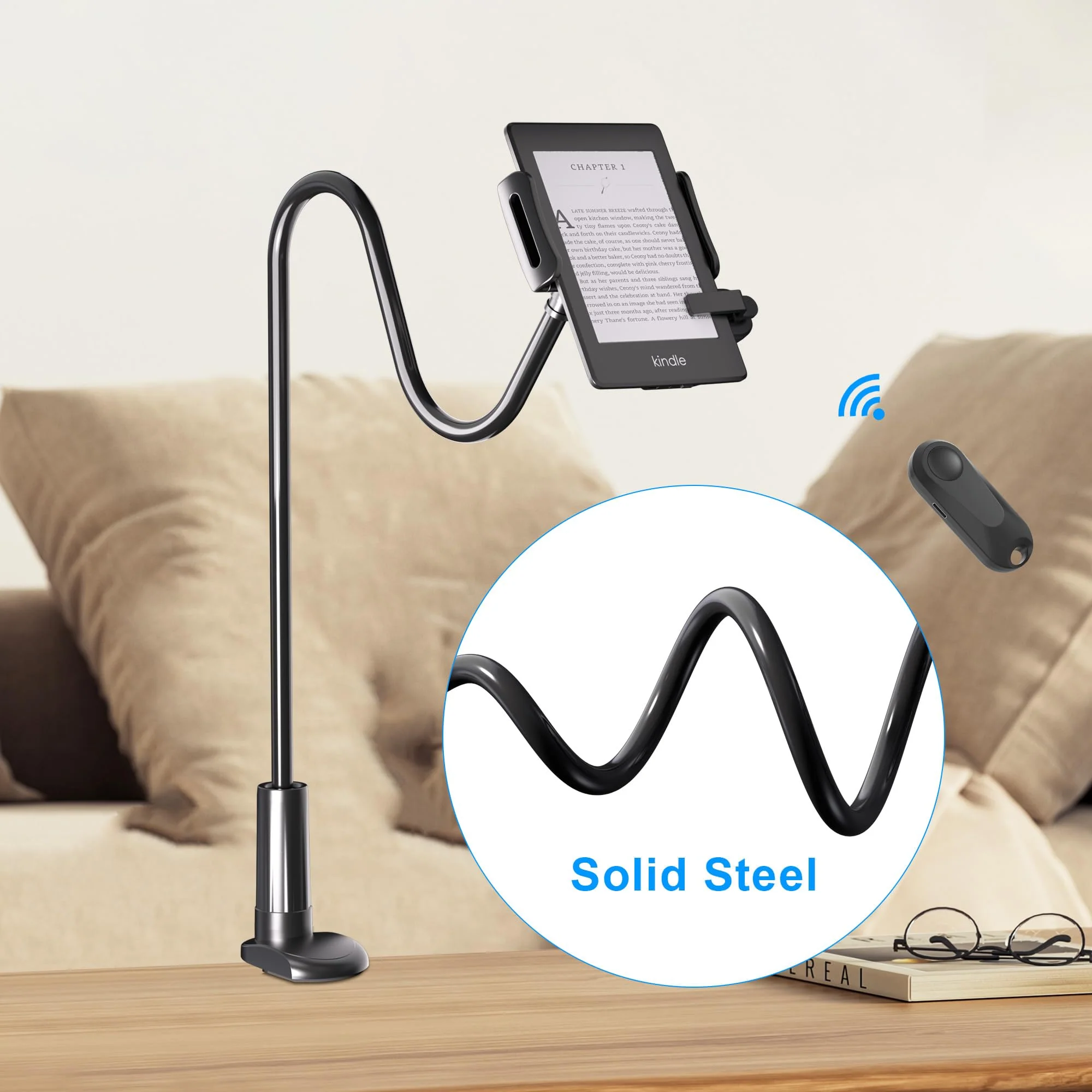 Gooseneck Tablet Holder for Kindle Reading in Bed with Page Turner Remote, Hands Free Desk Bedside Lazy Arm Stand for Kindle Accessories, Gifts for Readers Glossy Black - Image 5