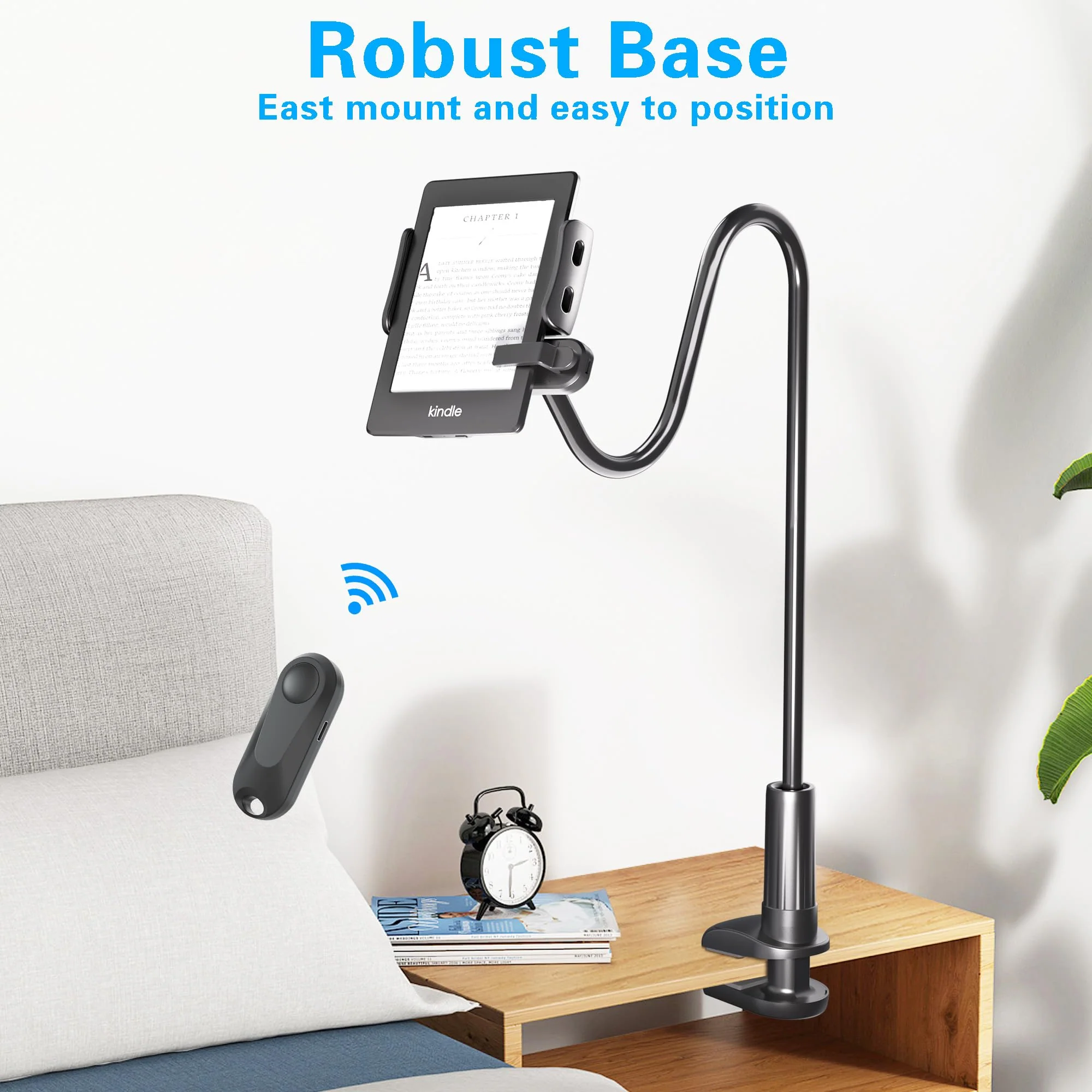 Gooseneck Tablet Holder for Kindle Reading in Bed with Page Turner Remote, Hands Free Desk Bedside Lazy Arm Stand for Kindle Accessories, Gifts for Readers Glossy Black - Image 6