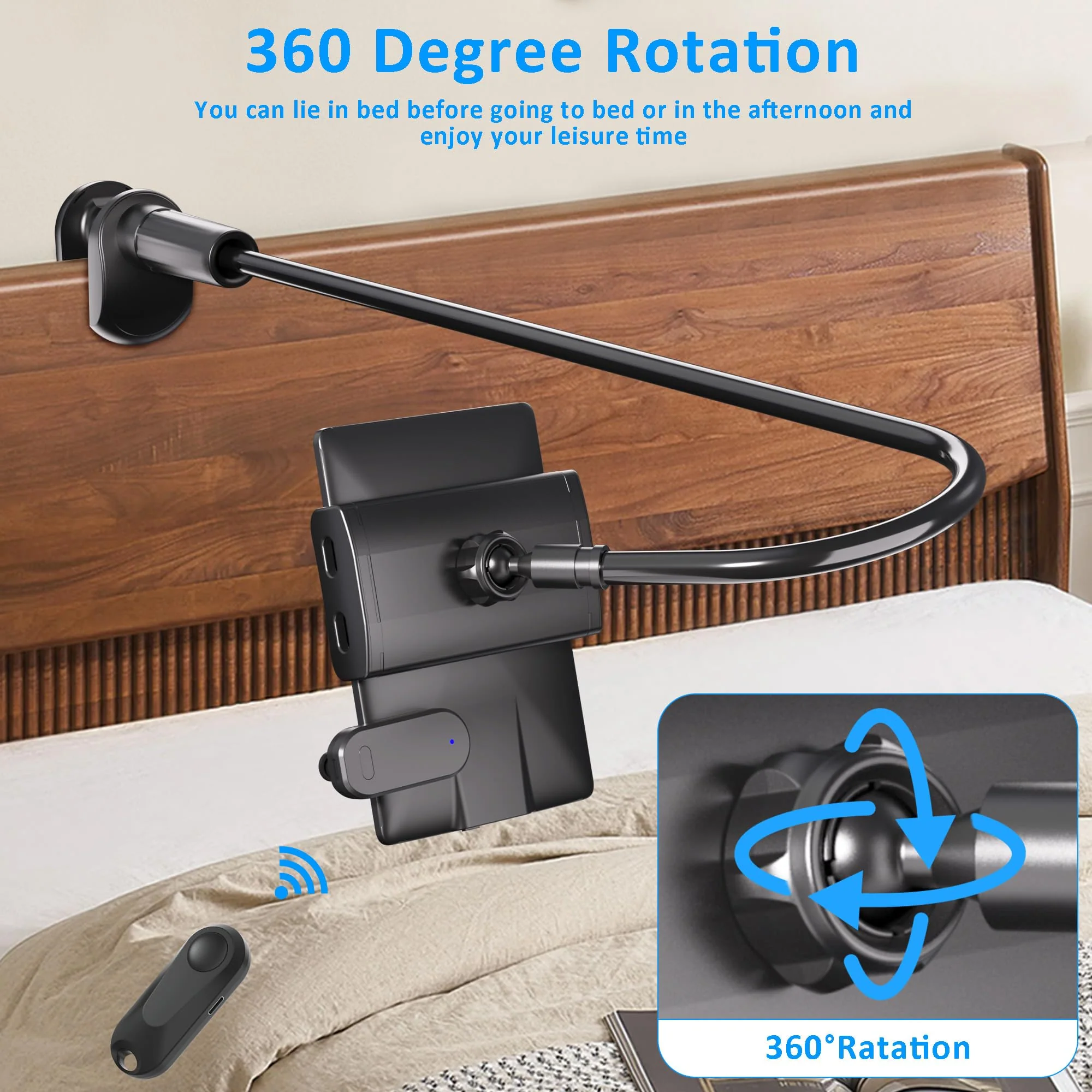 Gooseneck Tablet Holder for Kindle Reading in Bed with Page Turner Remote, Hands Free Desk Bedside Lazy Arm Stand for Kindle Accessories, Gifts for Readers Glossy Black - Image 8