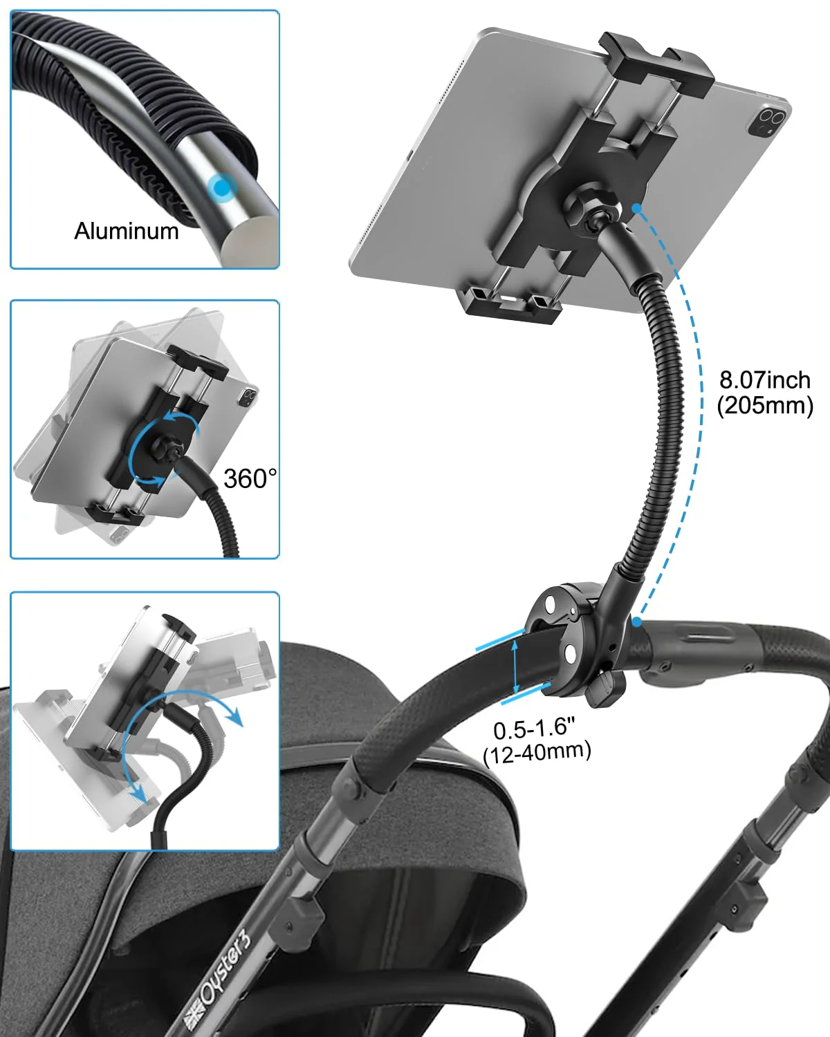Gooseneck Tablet Holder for Wheelchair/Stroller/Golf Cart/Boat/Mic Stand/Indoor Cycling Bike/Gym Bicycle Handlebar Clamp, Compatible with 4.7-13" iPad Pro/Air/Mini, iPhone, Galaxy, Fire HD, E-Book - Image 3