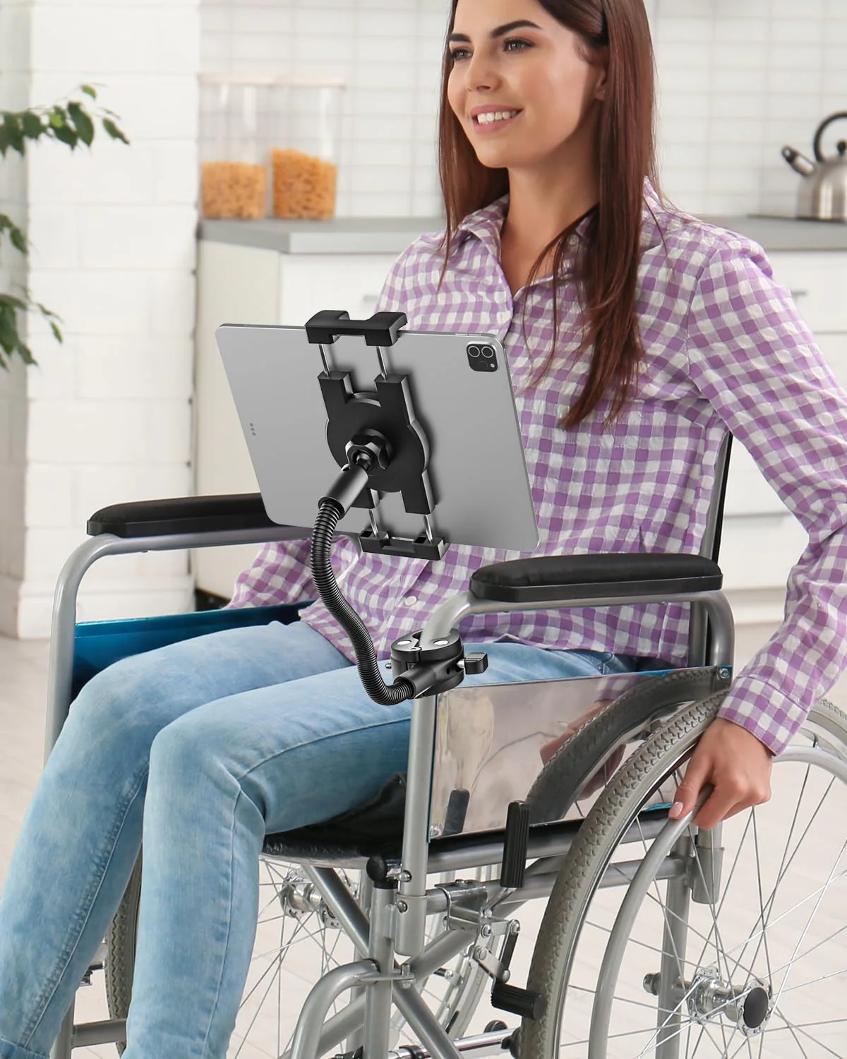 Gooseneck Tablet Holder for Wheelchair/Stroller/Golf Cart/Boat/Mic Stand/Indoor Cycling Bike/Gym Bicycle Handlebar Clamp, Compatible with 4.7-13" iPad Pro/Air/Mini, iPhone, Galaxy, Fire HD, E-Book - Image 4