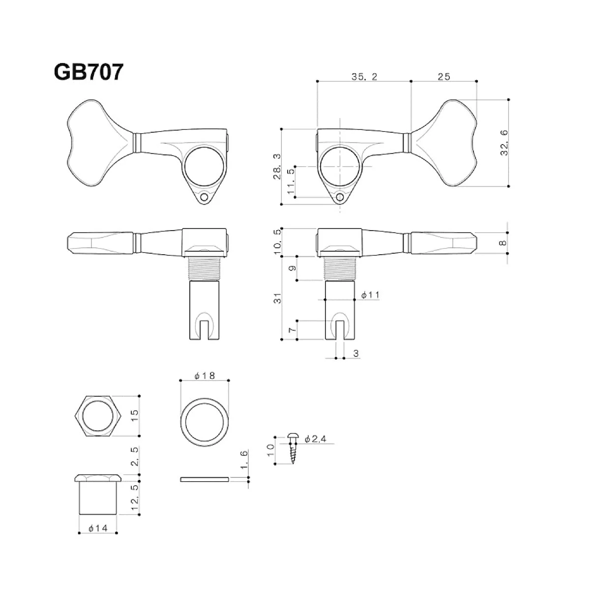 Gotoh Compact Bass Tuner Black (2 per side) - GB707 - Image 5