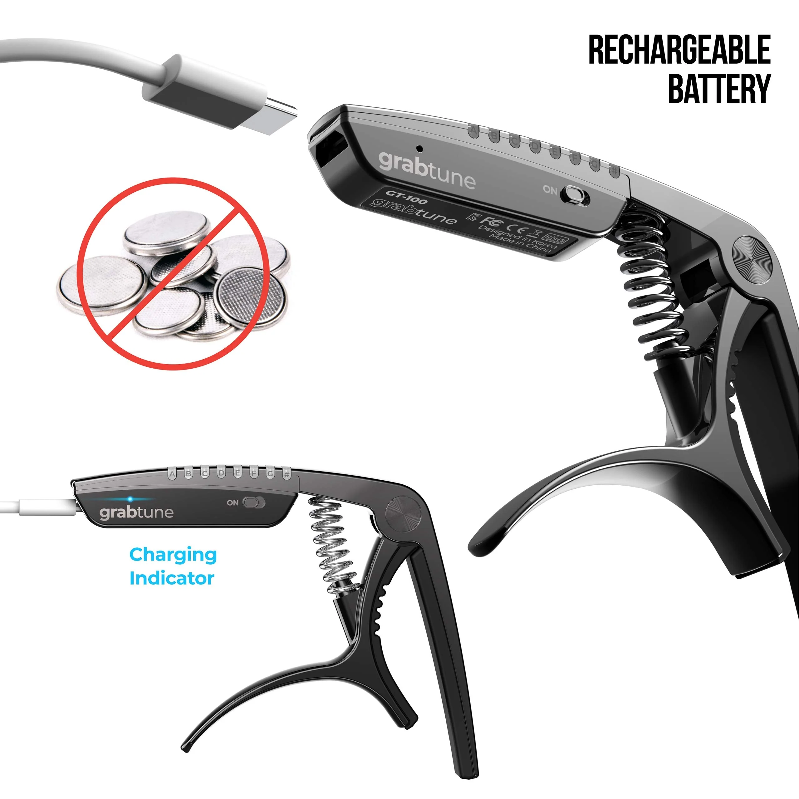 Grabtune Acoustic Guitar Capo-Tuner | 2 In 1 Equipment | Precise and Accurate Tuning System | Full Color LED Edge Lighting Display | USB Rechargeable Battery | Chrome Plating (Black) Black - Image 5