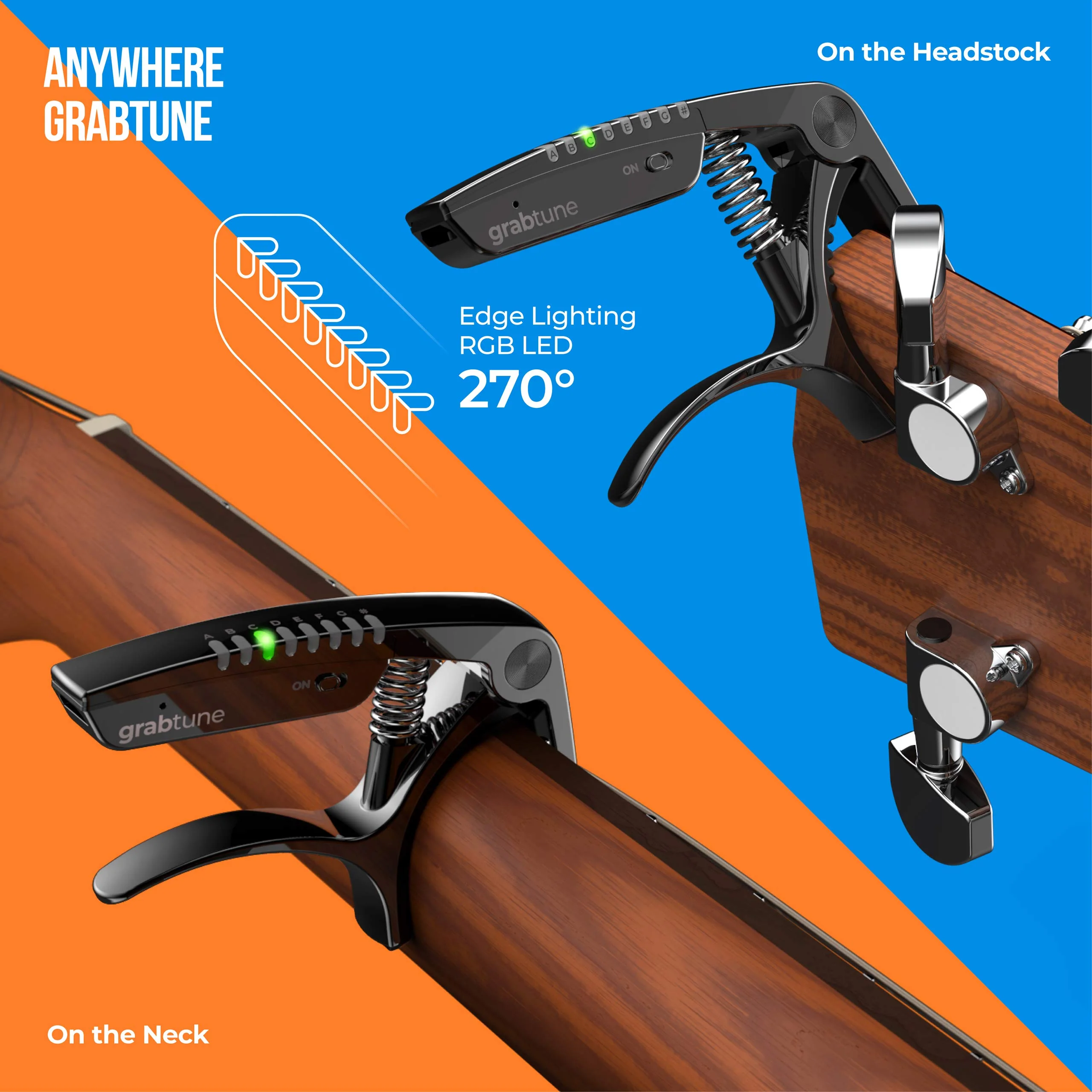 Grabtune Acoustic Guitar Capo-Tuner | 2 In 1 Equipment | Precise and Accurate Tuning System | Full Color LED Edge Lighting Display | USB Rechargeable Battery | Chrome Plating (Black) Black - Image 6