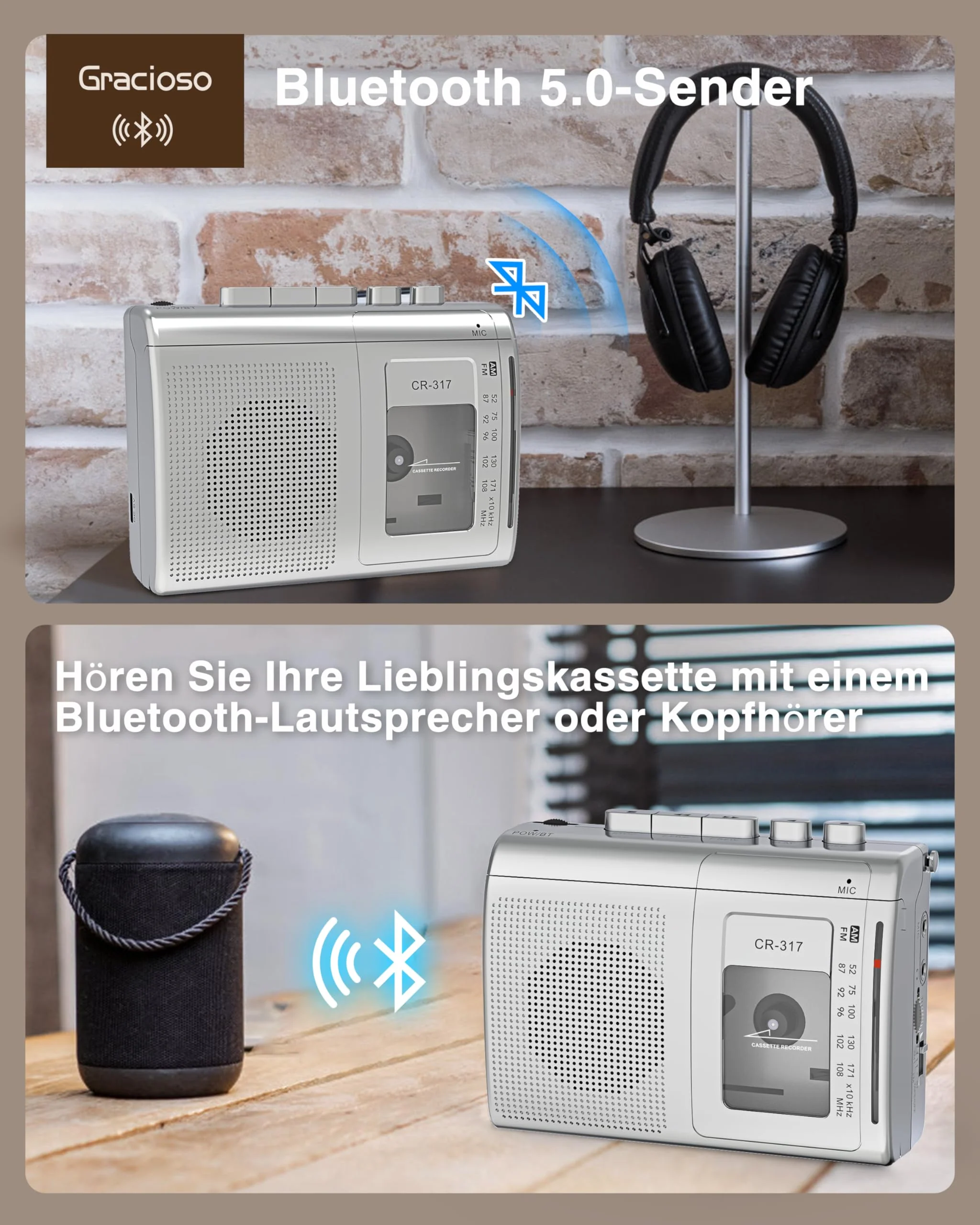 Gracioso Portable Cassette Player Recorder with Bluetooth Transmitter, AM FM Walkman Cassette Player with Headphone Jack & Big Speaker,Microphone Jack, 2*AA Battery Opearated Cassette Tape Player Silver - Image 2
