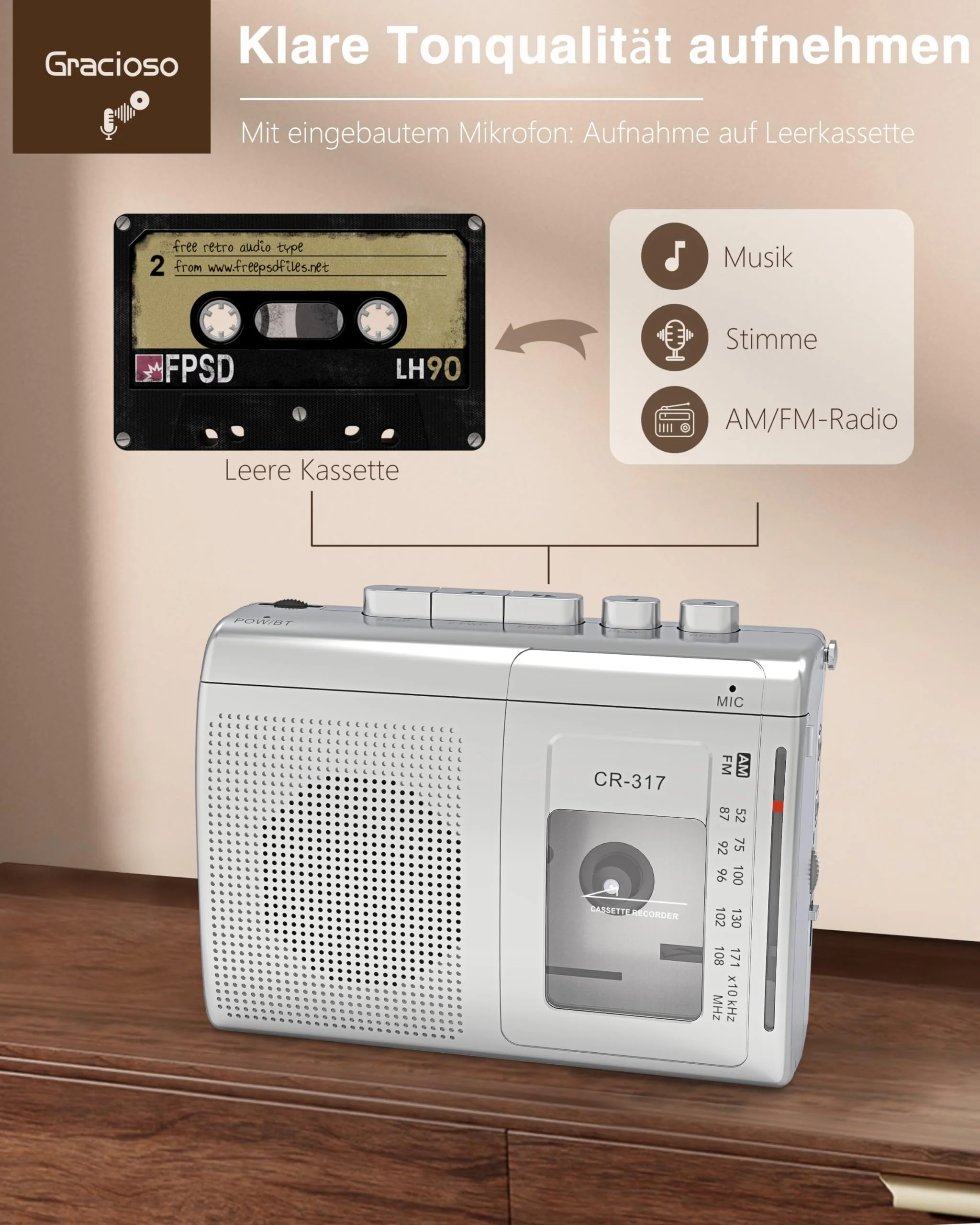 Gracioso Portable Cassette Player Recorder with Bluetooth Transmitter, AM FM Walkman Cassette Player with Headphone Jack & Big Speaker,Microphone Jack, 2*AA Battery Opearated Cassette Tape Player Silver - Image 3