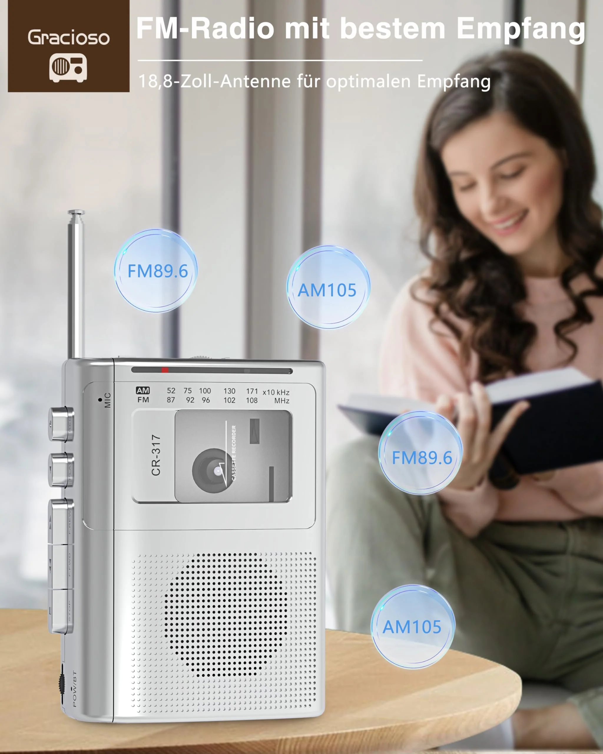 Gracioso Portable Cassette Player Recorder with Bluetooth Transmitter, AM FM Walkman Cassette Player with Headphone Jack & Big Speaker,Microphone Jack, 2*AA Battery Opearated Cassette Tape Player Silver - Image 5