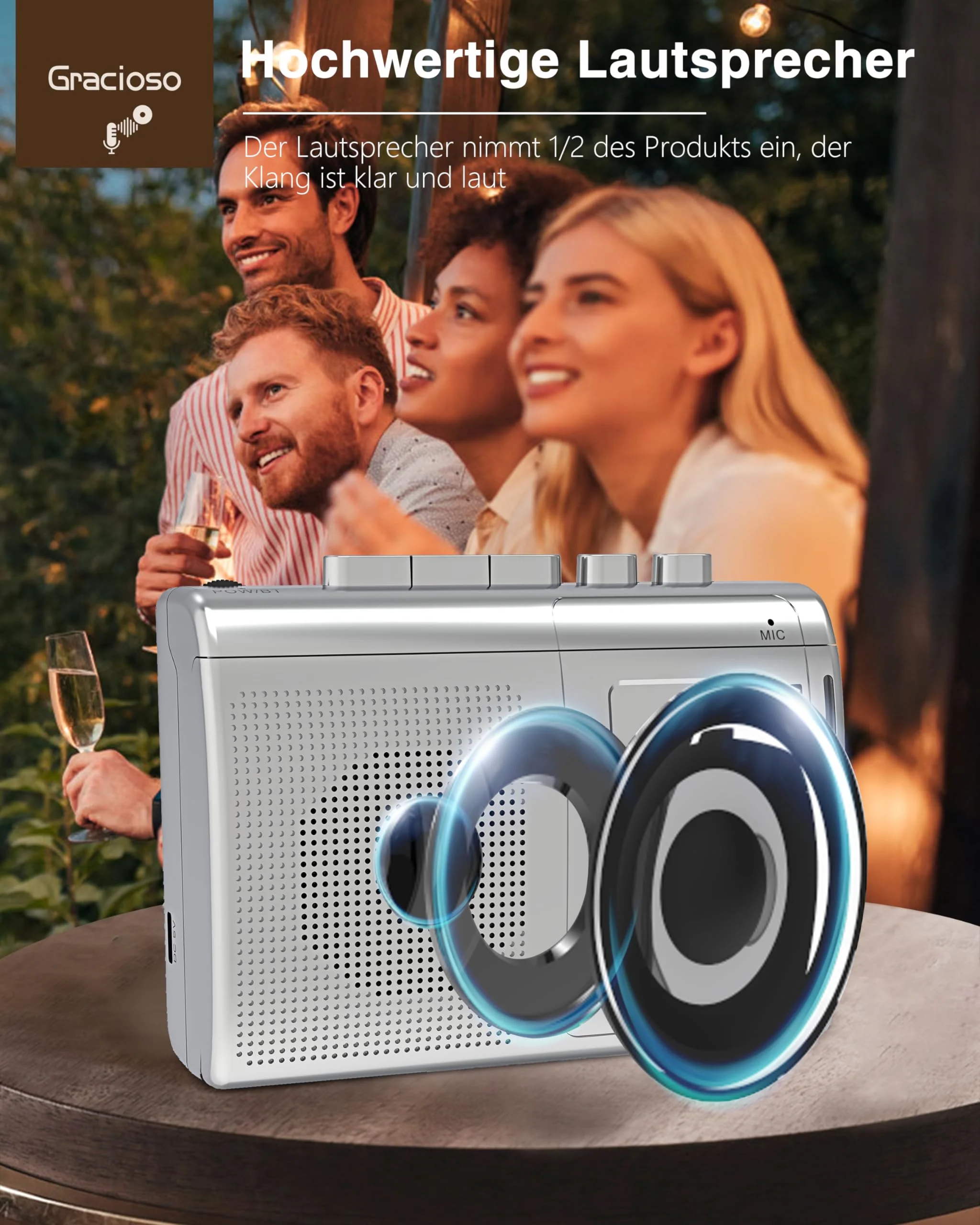 Gracioso Portable Cassette Player Recorder with Bluetooth Transmitter, AM FM Walkman Cassette Player with Headphone Jack & Big Speaker,Microphone Jack, 2*AA Battery Opearated Cassette Tape Player Silver - Image 6