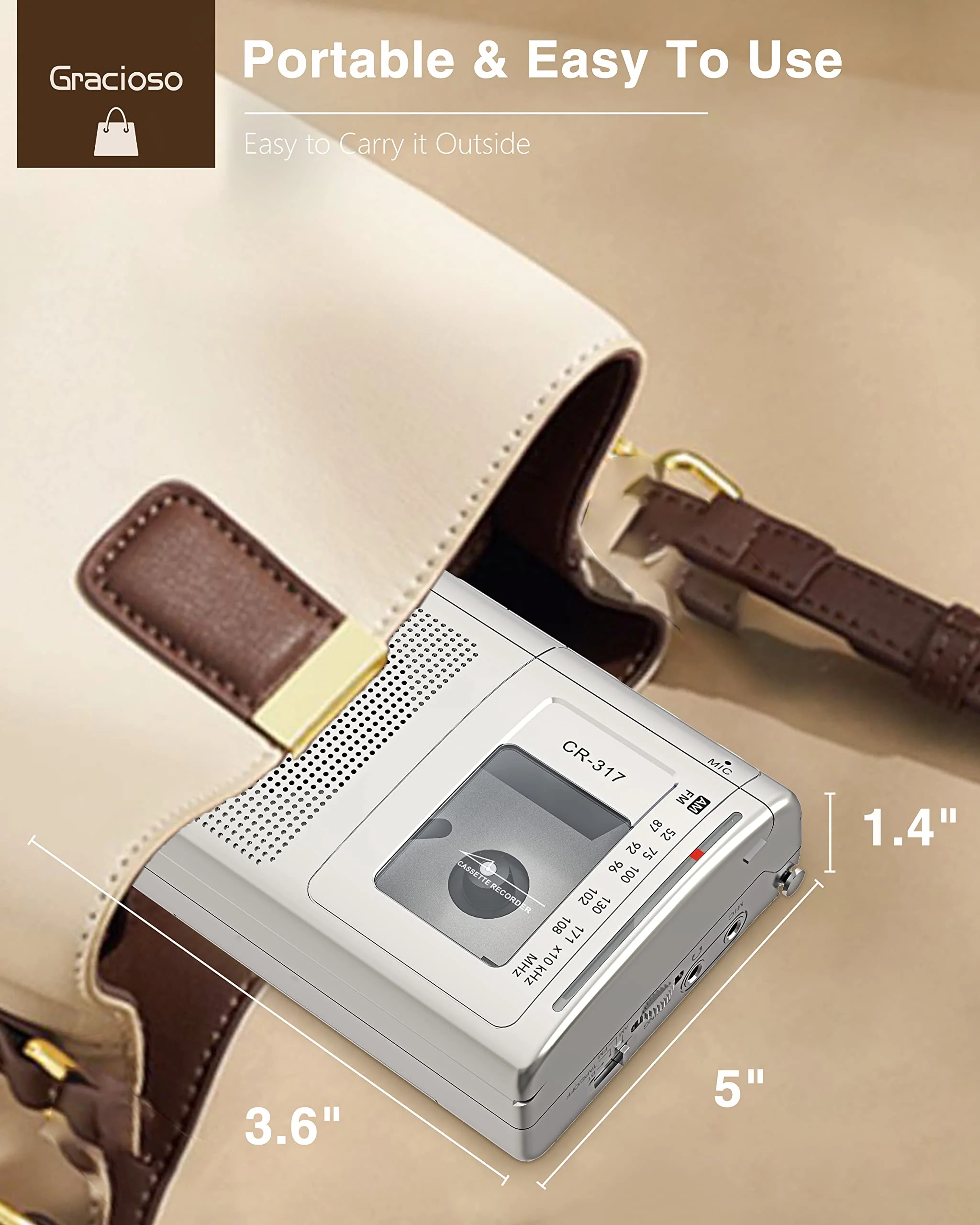 Gracioso Portable Cassette Player Recorder with Bluetooth Transmitter, AM FM Walkman Cassette Player with Headphone Jack & Big Speaker,Microphone Jack, 2*AA Battery Opearated Cassette Tape Player Silver - Image 7