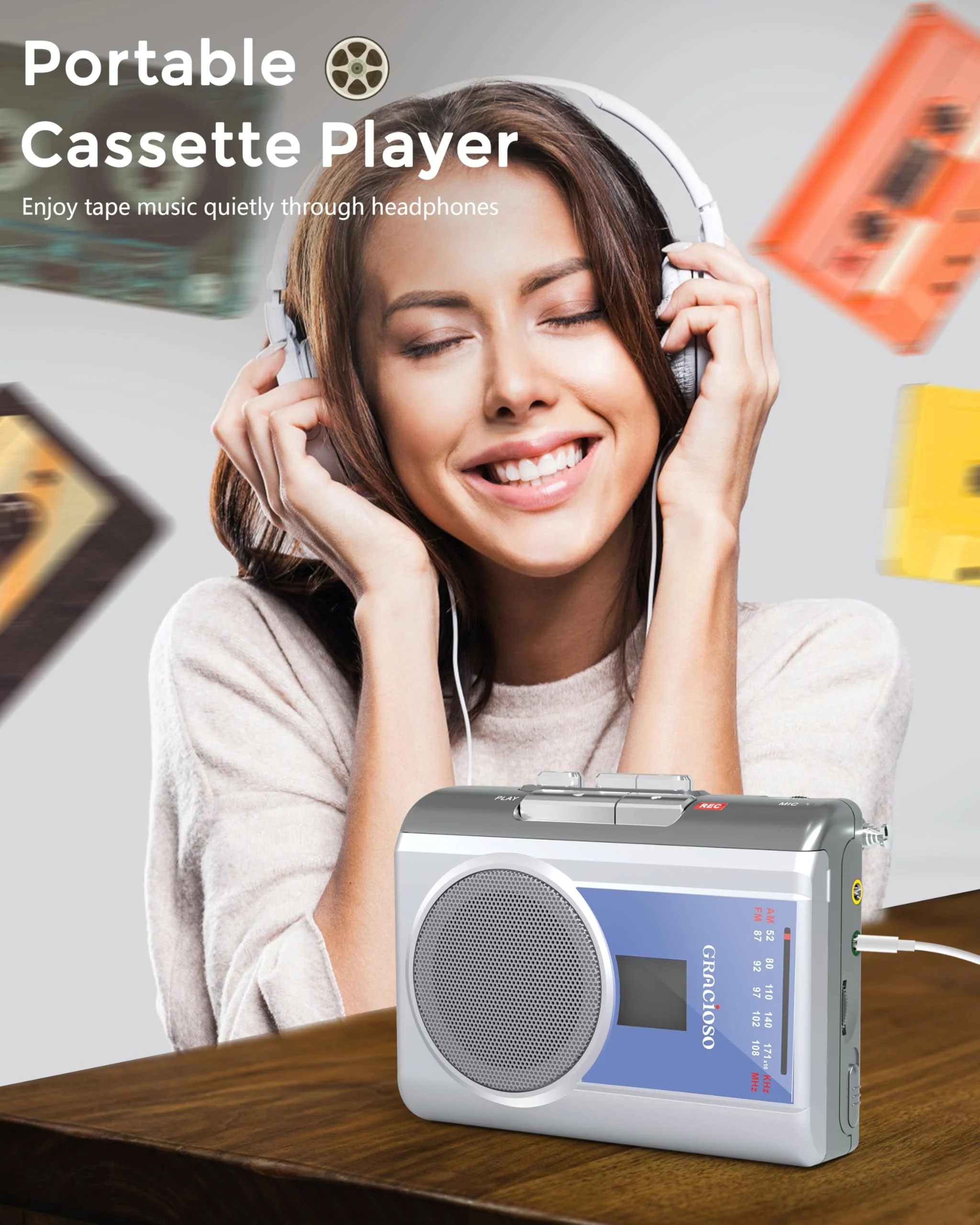 Gracioso Protable Cassette Recorder Player: AM FM Compact Cassette Tape Player with Big Speaker & Earphone Jack, Build in Microphone,Cassette Player Powered by DC or AA Battery Sliver - Image 2
