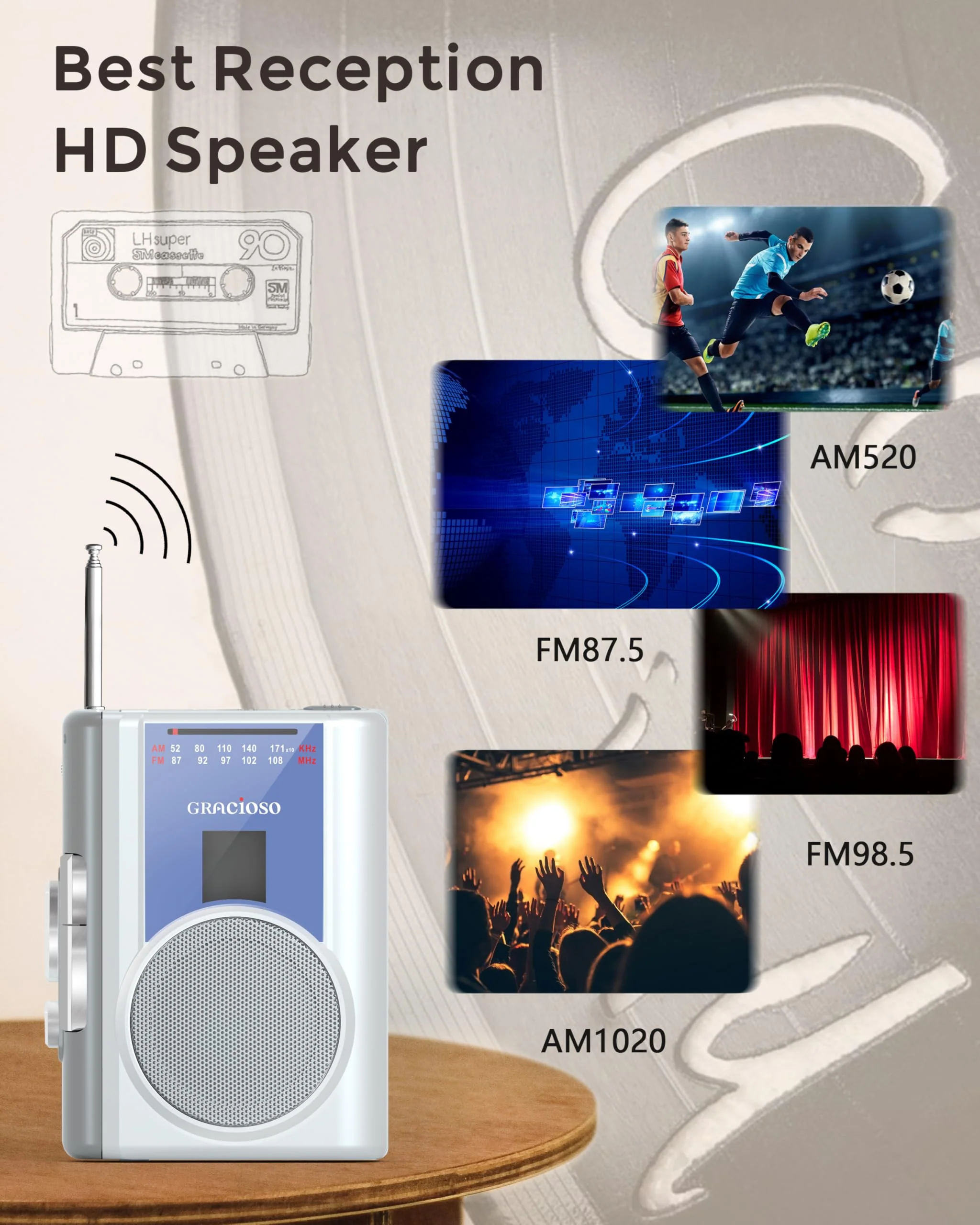 Gracioso Protable Cassette Recorder Player: AM FM Compact Cassette Tape Player with Big Speaker & Earphone Jack, Build in Microphone,Cassette Player Powered by DC or AA Battery Sliver - Image 3