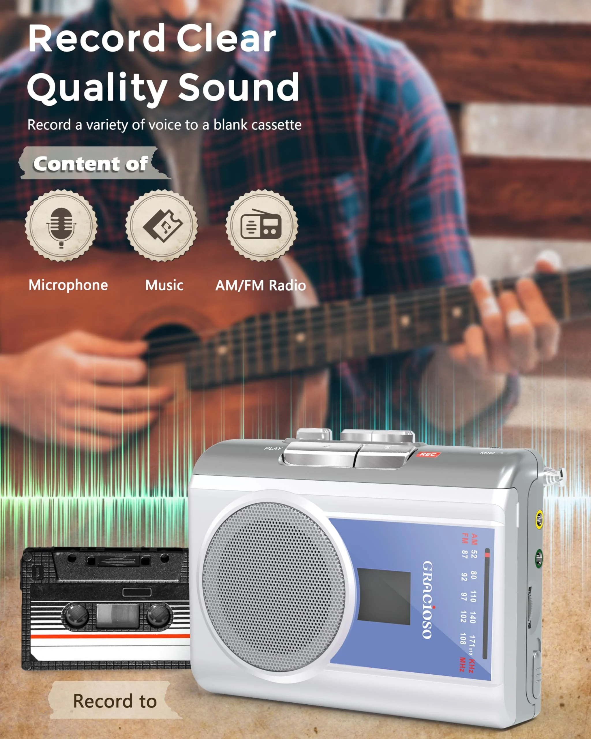 Gracioso Protable Cassette Recorder Player: AM FM Compact Cassette Tape Player with Big Speaker & Earphone Jack, Build in Microphone,Cassette Player Powered by DC or AA Battery Sliver - Image 4