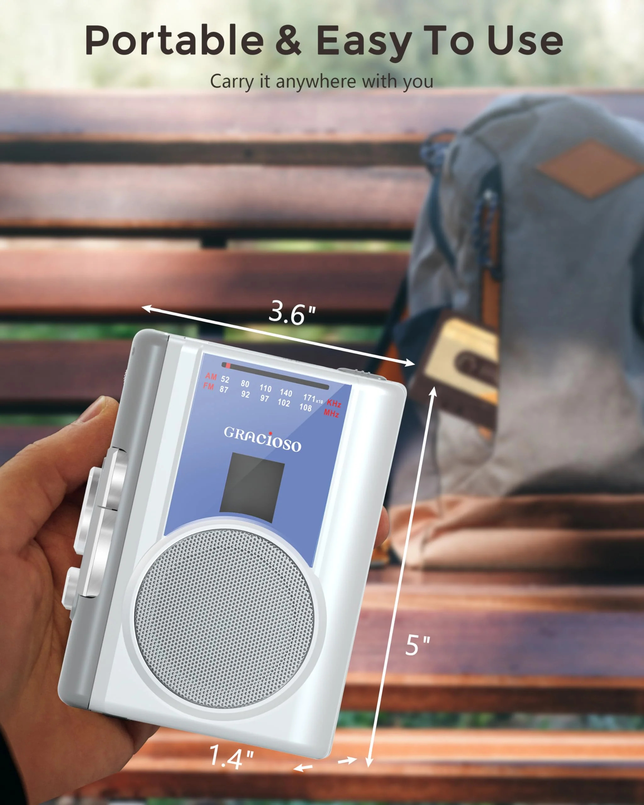 Gracioso Protable Cassette Recorder Player: AM FM Compact Cassette Tape Player with Big Speaker & Earphone Jack, Build in Microphone,Cassette Player Powered by DC or AA Battery Sliver - Image 5