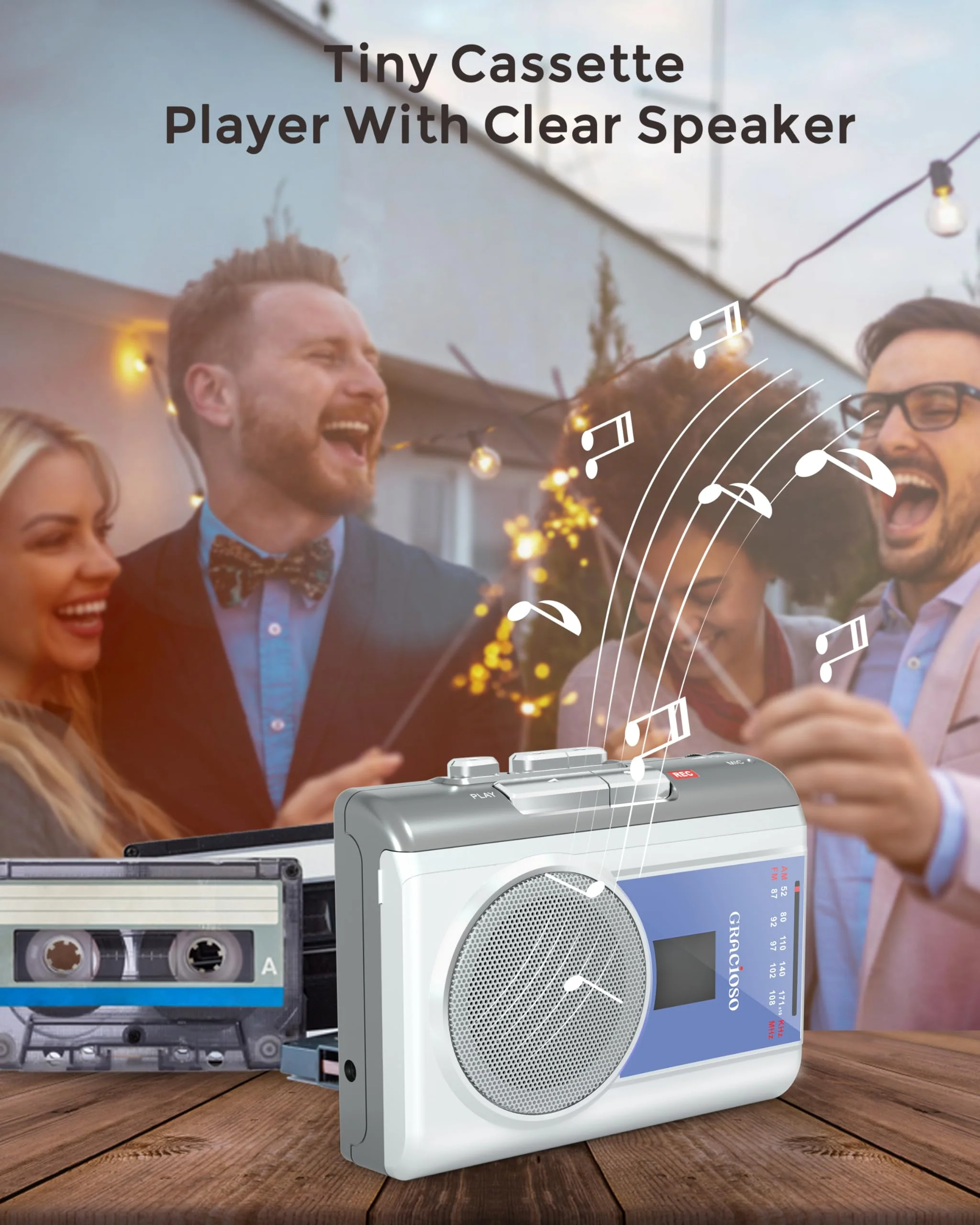 Gracioso Protable Cassette Recorder Player: AM FM Compact Cassette Tape Player with Big Speaker & Earphone Jack, Build in Microphone,Cassette Player Powered by DC or AA Battery Sliver - Image 6