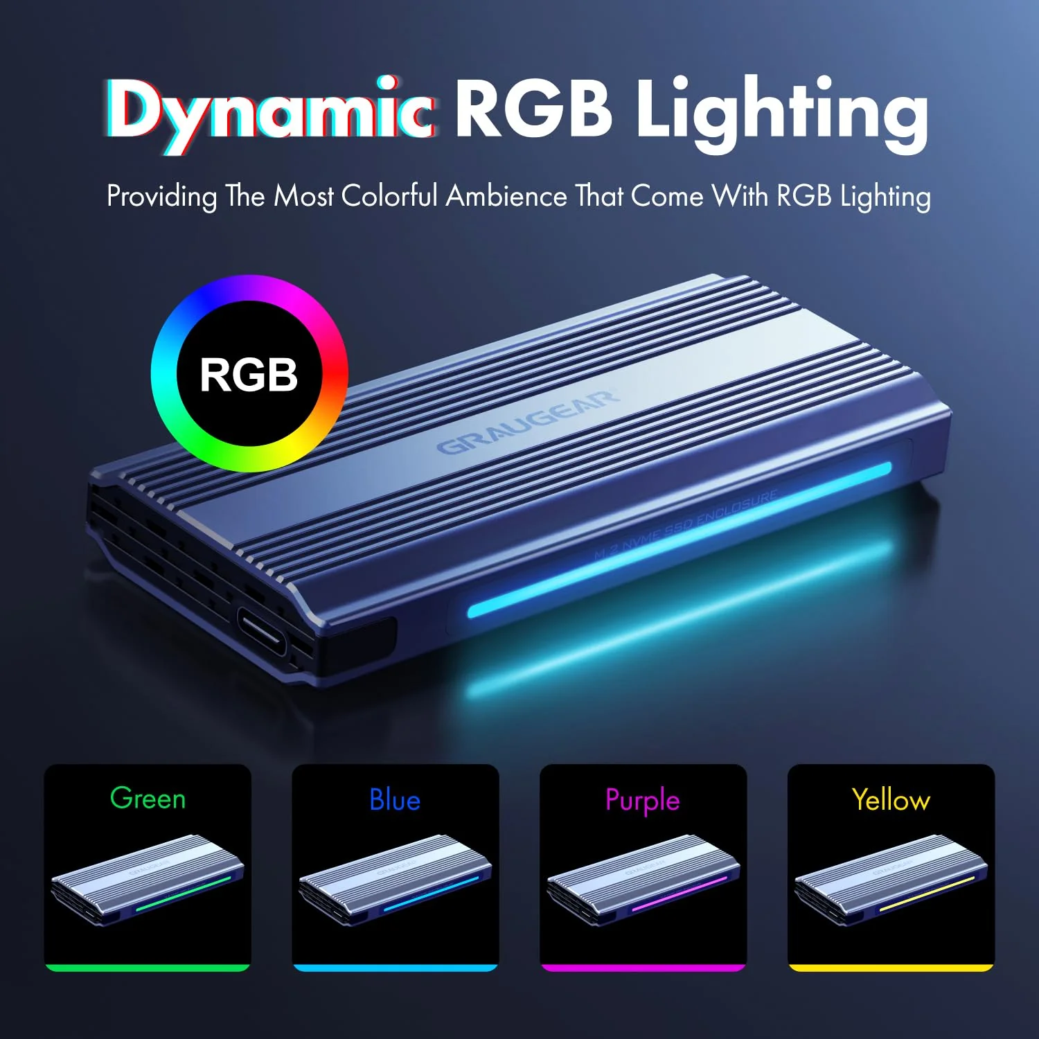 GRAUGEAR M.2 SSD NVMe Enclosure RGB, 10Gbps USB3.2 Gen2 Tool-Free Aluminum External M2 Solid State Drive NVMe Enclosure USB C, RTL9210 External Case for PCIe NVMe M-Key B+M Key [G-M901-AC-10G] - Image 2