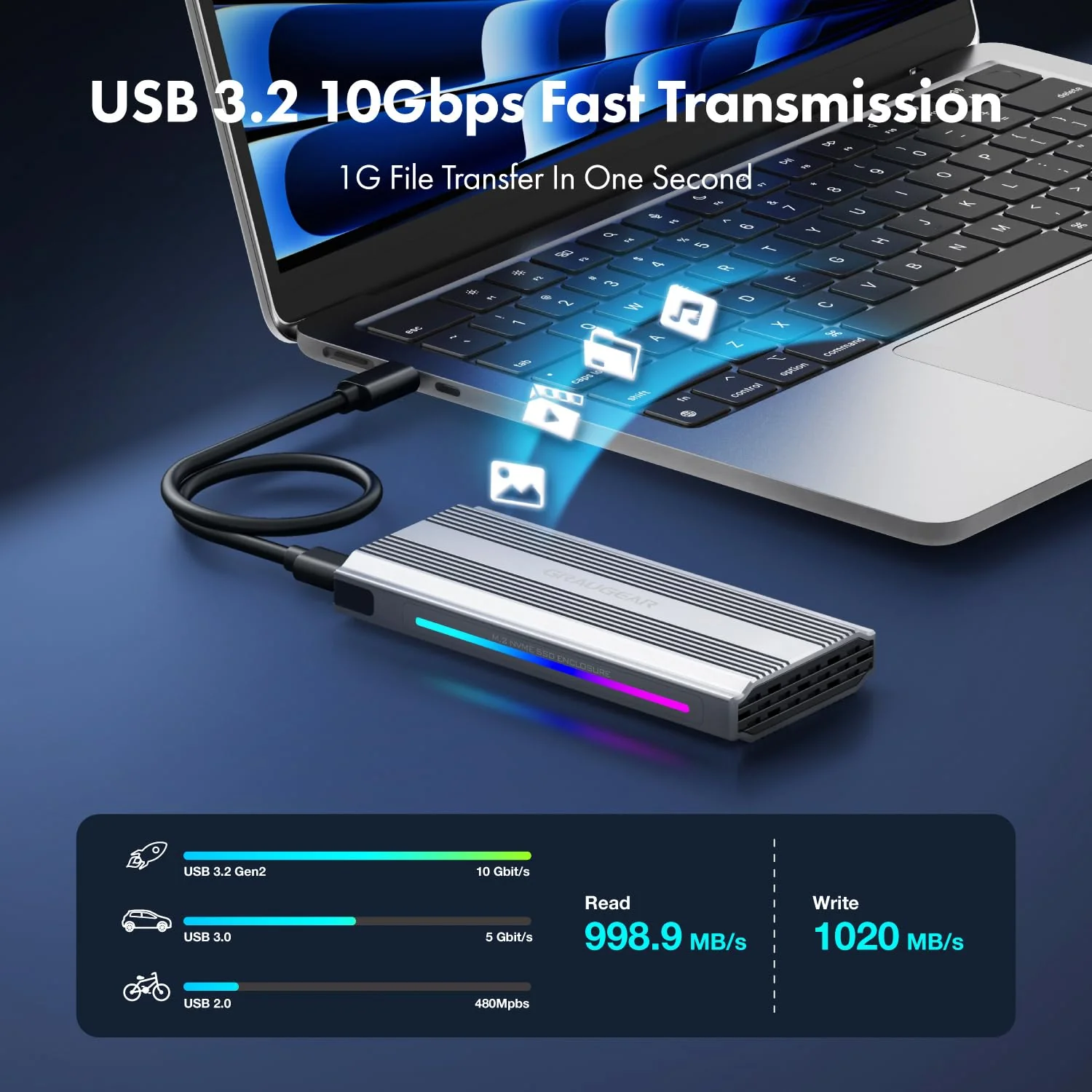 GRAUGEAR M.2 SSD NVMe Enclosure RGB, 10Gbps USB3.2 Gen2 Tool-Free Aluminum External M2 Solid State Drive NVMe Enclosure USB C, RTL9210 External Case for PCIe NVMe M-Key B+M Key [G-M901-AC-10G] - Image 4