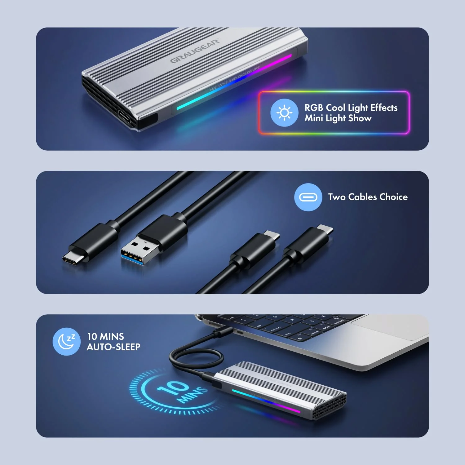GRAUGEAR M.2 SSD NVMe Enclosure RGB, 10Gbps USB3.2 Gen2 Tool-Free Aluminum External M2 Solid State Drive NVMe Enclosure USB C, RTL9210 External Case for PCIe NVMe M-Key B+M Key [G-M901-AC-10G] - Image 5