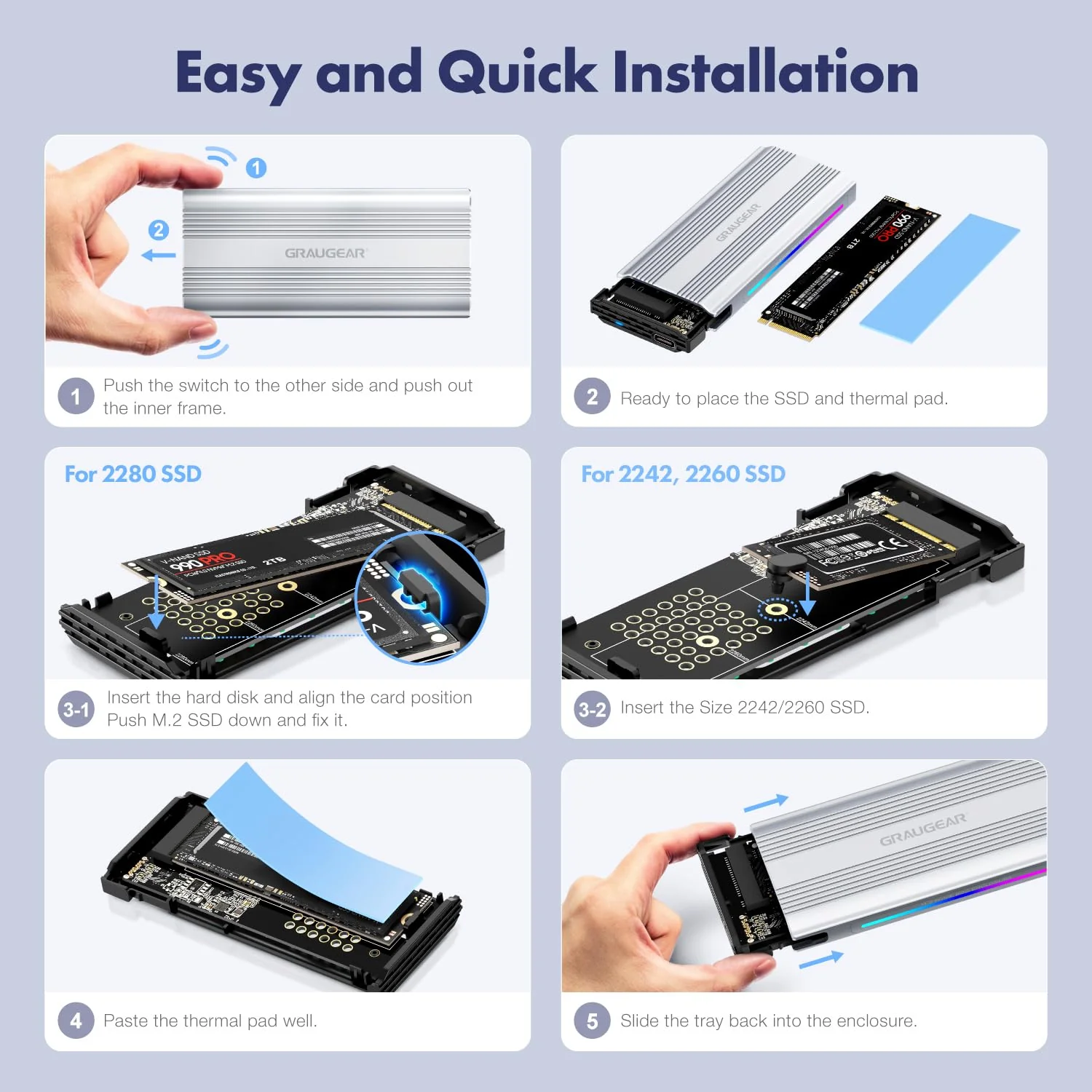 GRAUGEAR M.2 SSD NVMe Enclosure RGB, 10Gbps USB3.2 Gen2 Tool-Free Aluminum External M2 Solid State Drive NVMe Enclosure USB C, RTL9210 External Case for PCIe NVMe M-Key B+M Key [G-M901-AC-10G] - Image 7