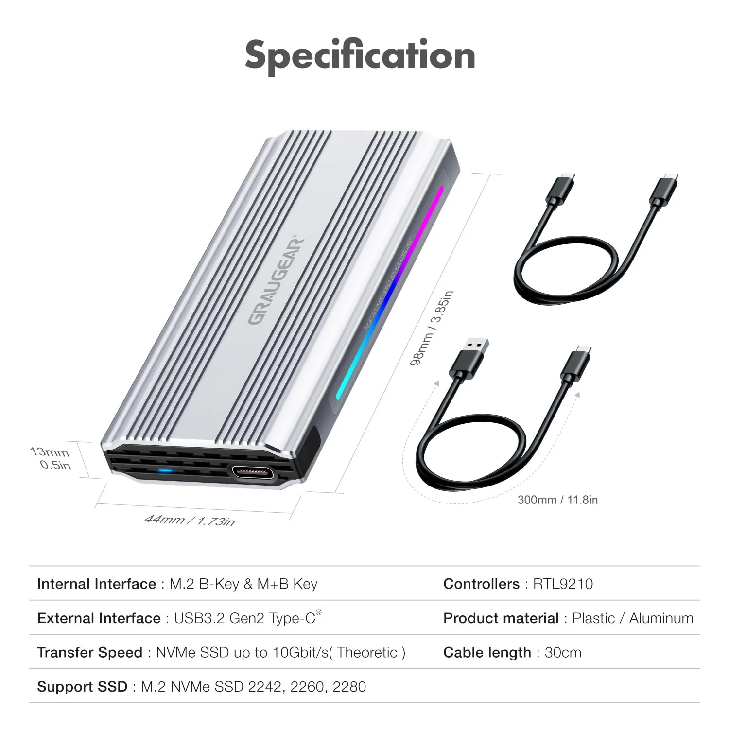 GRAUGEAR M.2 SSD NVMe Enclosure RGB, 10Gbps USB3.2 Gen2 Tool-Free Aluminum External M2 Solid State Drive NVMe Enclosure USB C, RTL9210 External Case for PCIe NVMe M-Key B+M Key [G-M901-AC-10G] - Image 9