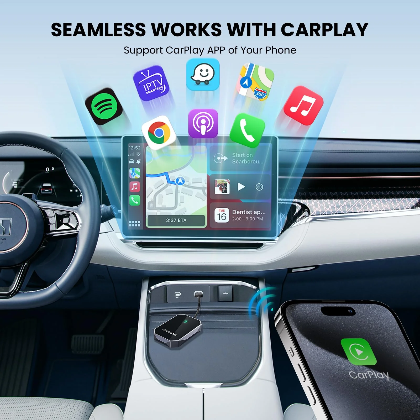 GRAYWATER Wireless CarPlay Adapter,Convert OEM Wired to Wireless Car Play Dongle Fit for Cars 2015+ & for Apple iPhone iOS 10+,Innovative Seamless Control Plug & Play（Space Silver） Space Silver - Image 2