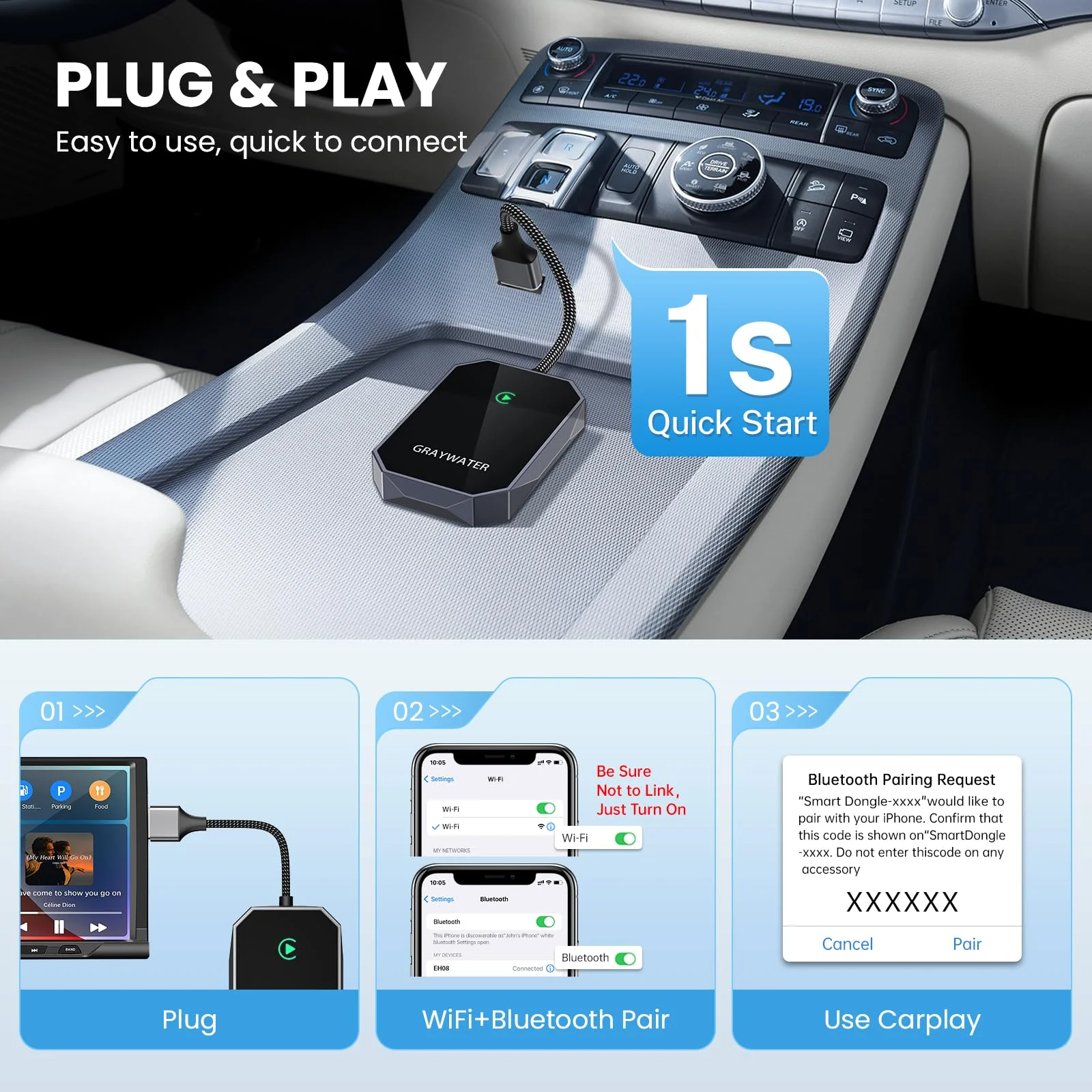 GRAYWATER Wireless CarPlay Adapter,Convert OEM Wired to Wireless Car Play Dongle Fit for Cars 2015+ & for Apple iPhone iOS 10+,Innovative Seamless Control Plug & Play（Space Silver） Space Silver - Image 3