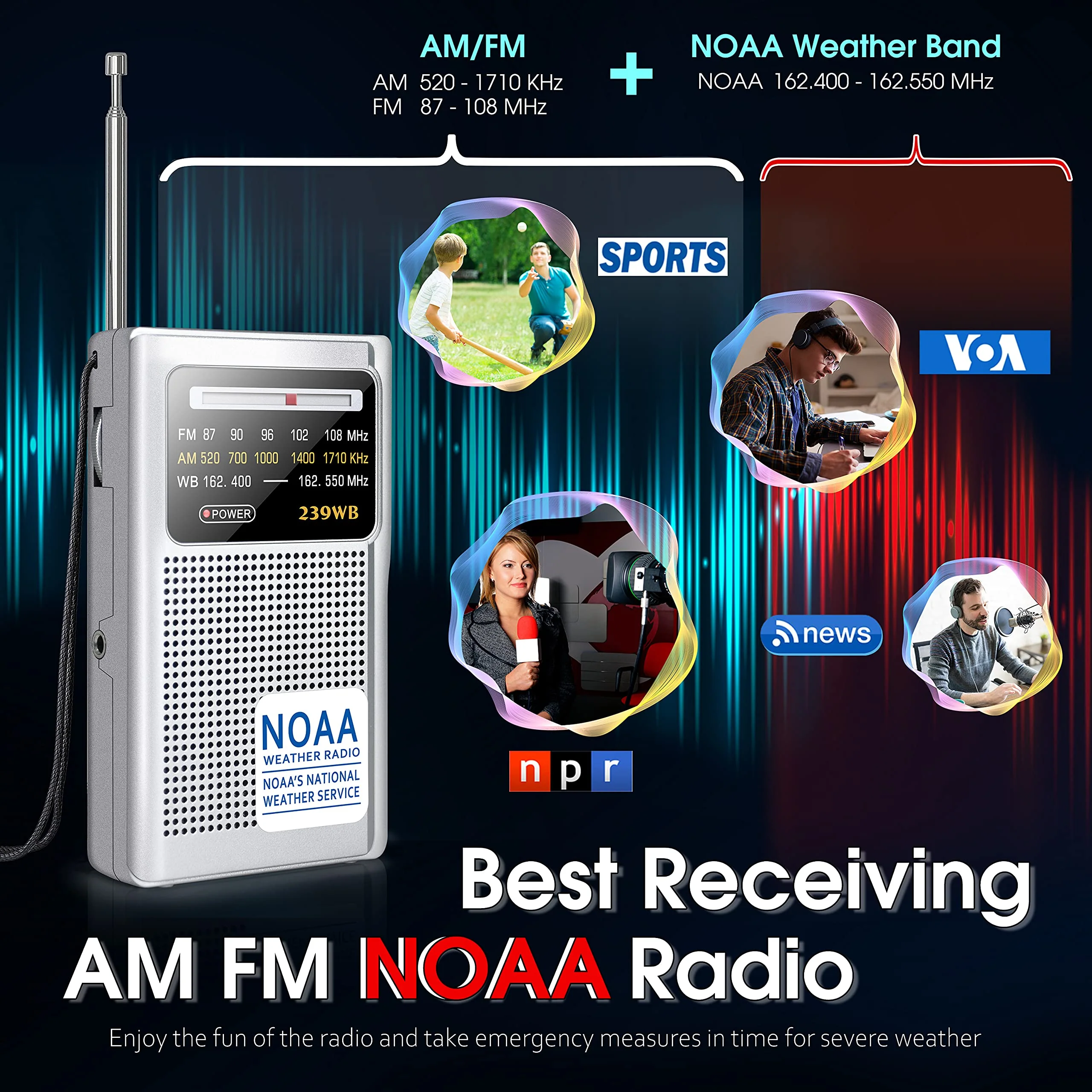 Greadio NOAA Weather Radio, AM/FM Battery Operated Transistor Portable Radio with Best Reception,Stereo Earphone Jack,Powered by 2 AA Battery for Emergency,Hurricane,Running, Walking,Home (Silver) Silver - Image 3