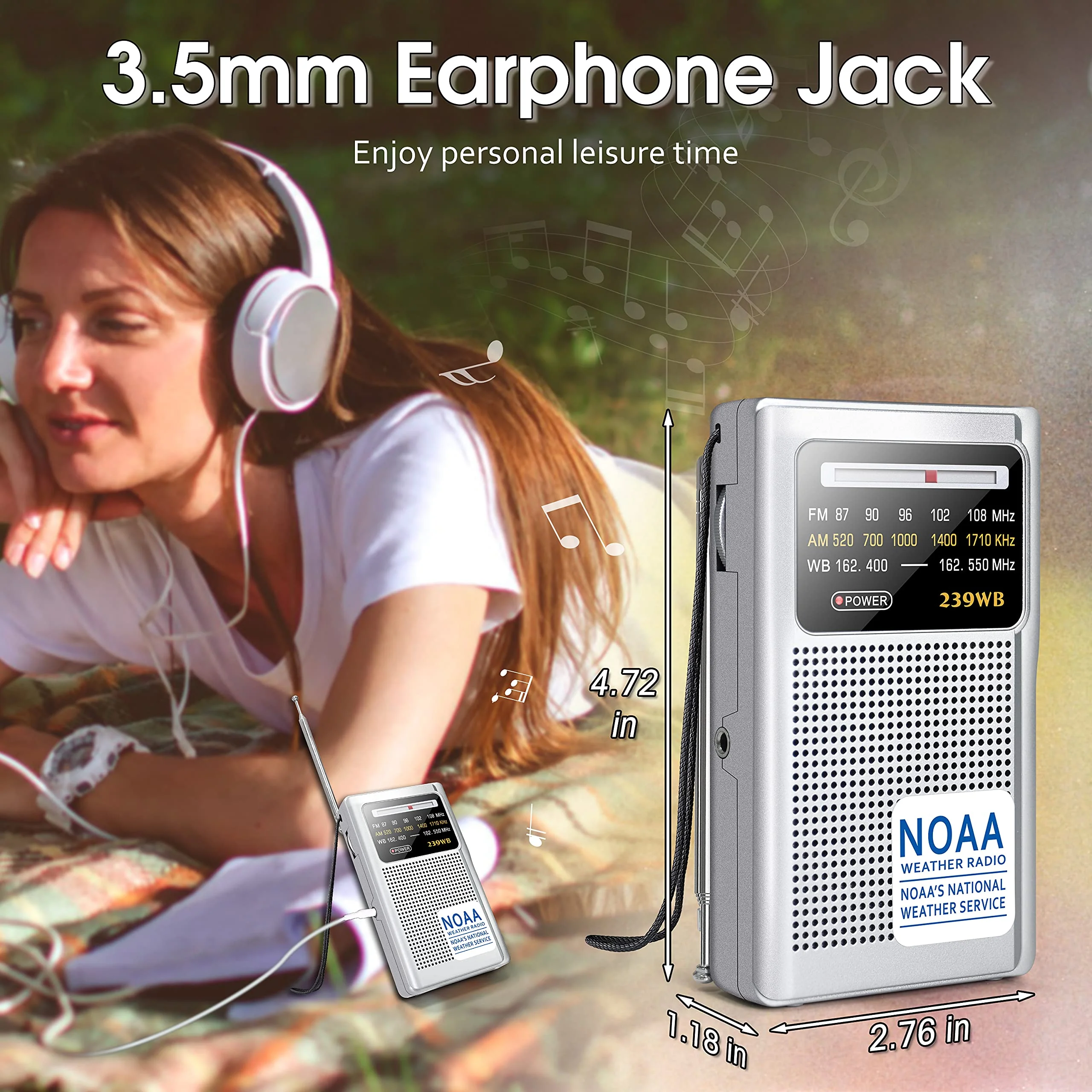 Greadio NOAA Weather Radio, AM/FM Battery Operated Transistor Portable Radio with Best Reception,Stereo Earphone Jack,Powered by 2 AA Battery for Emergency,Hurricane,Running, Walking,Home (Silver) Silver - Image 4