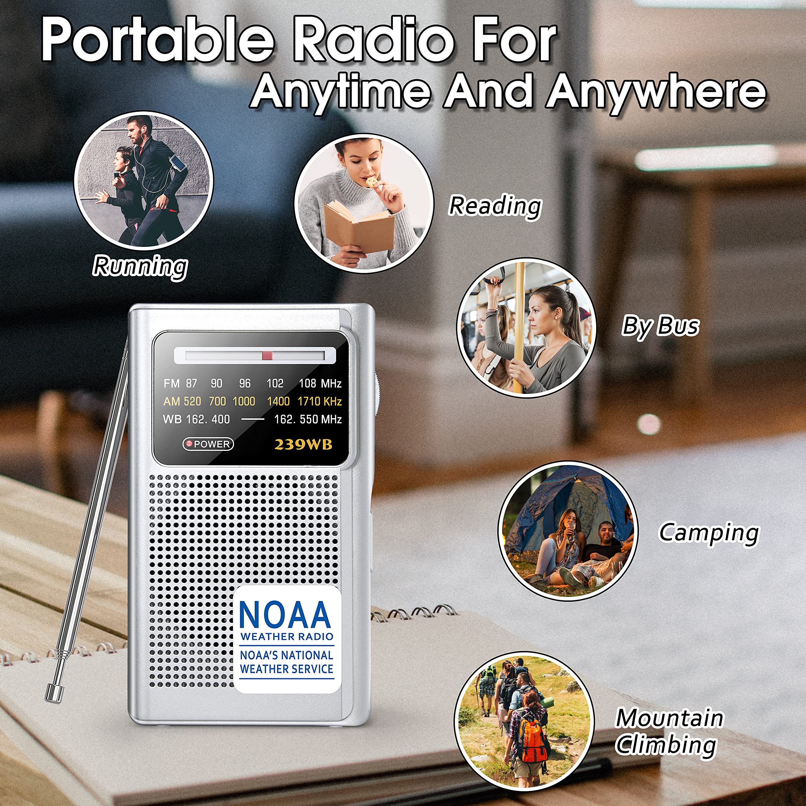 Greadio NOAA Weather Radio, AM/FM Battery Operated Transistor Portable Radio with Best Reception,Stereo Earphone Jack,Powered by 2 AA Battery for Emergency,Hurricane,Running, Walking,Home (Silver) Silver - Image 7