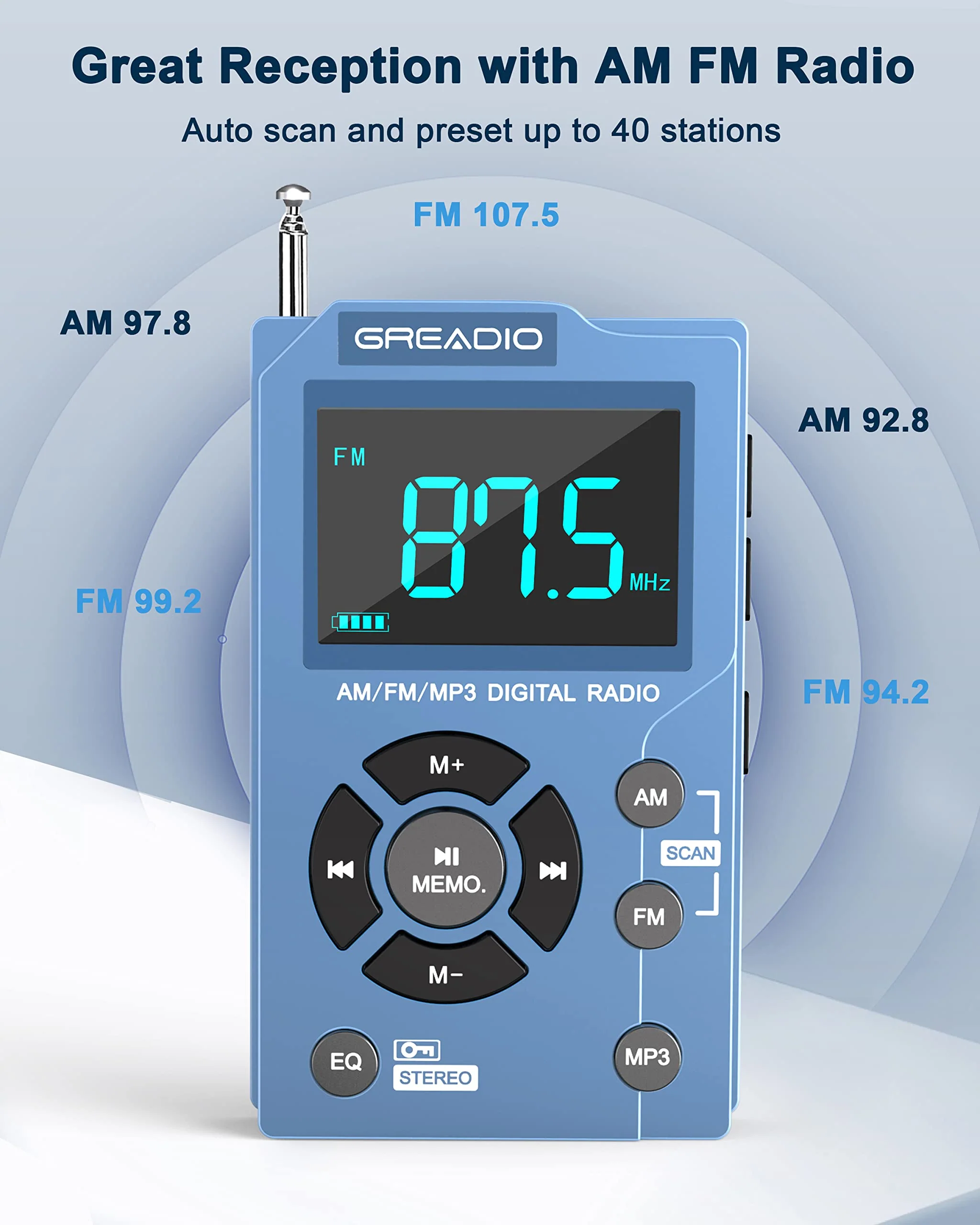 Greadio Portable AM FM Radio with MP3 Player, Best Reception Pocket Radio, Large LCD Screen and Easy to Use, 6 EQ Stereo, Earphone Jack for Jogging, Walking, Camping Blue - Image 2