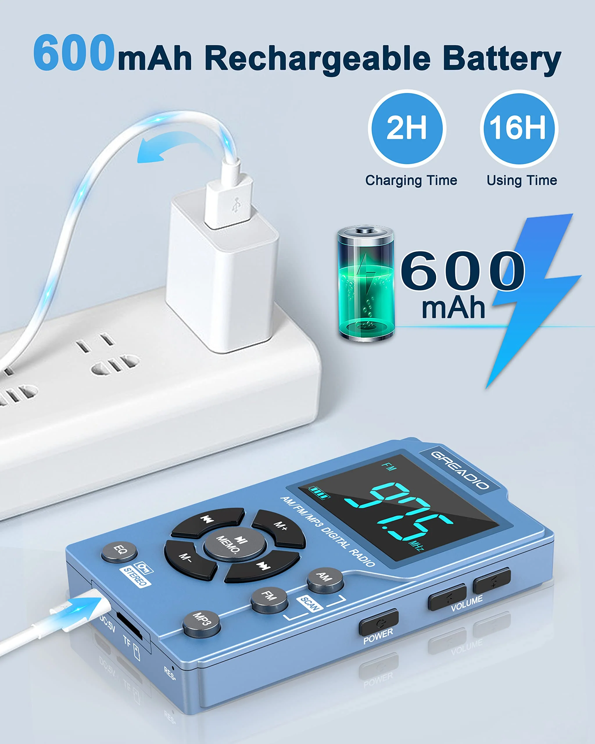 Greadio Portable AM FM Radio with MP3 Player, Best Reception Pocket Radio, Large LCD Screen and Easy to Use, 6 EQ Stereo, Earphone Jack for Jogging, Walking, Camping Blue - Image 3
