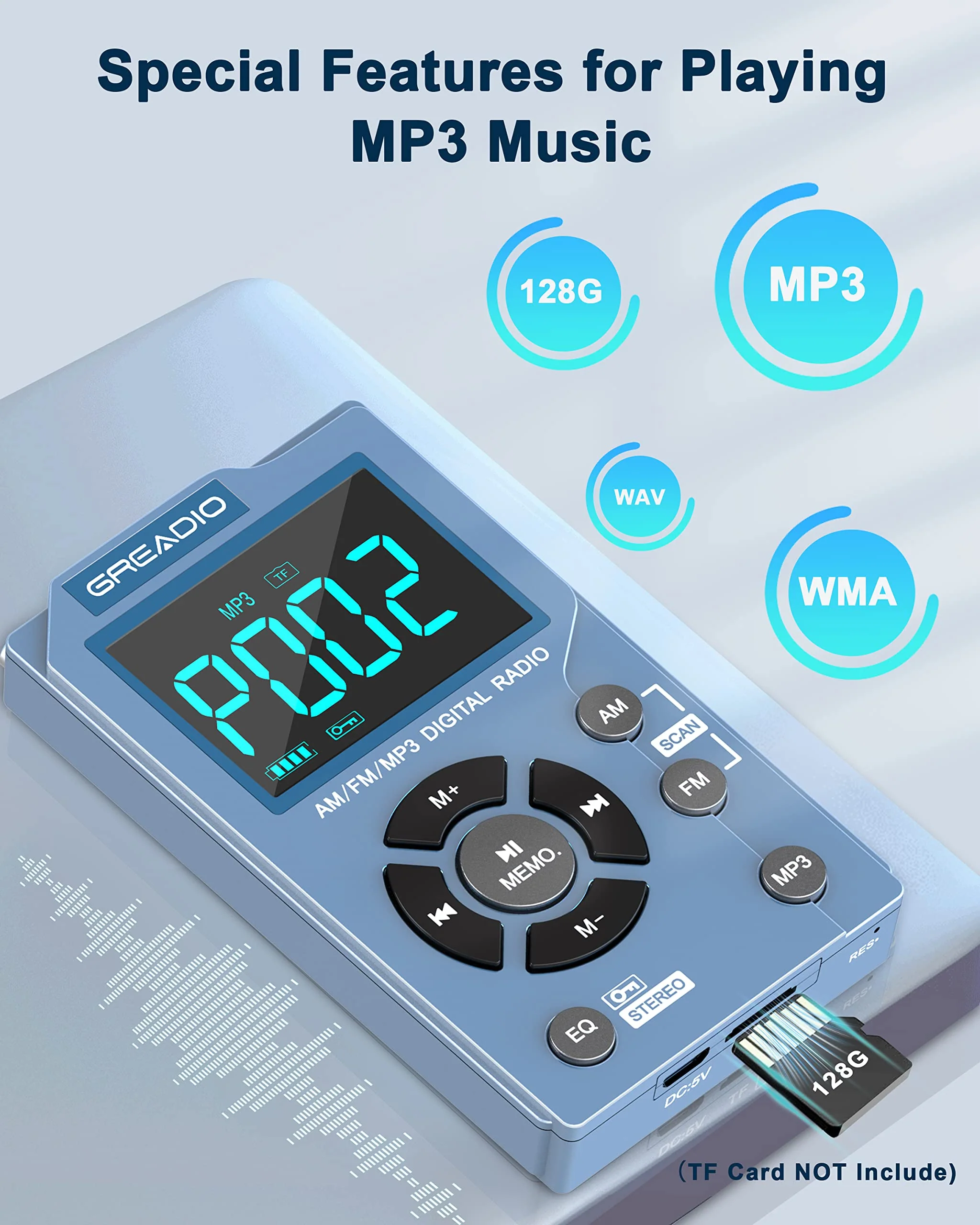 Greadio Portable AM FM Radio with MP3 Player, Best Reception Pocket Radio, Large LCD Screen and Easy to Use, 6 EQ Stereo, Earphone Jack for Jogging, Walking, Camping Blue - Image 4