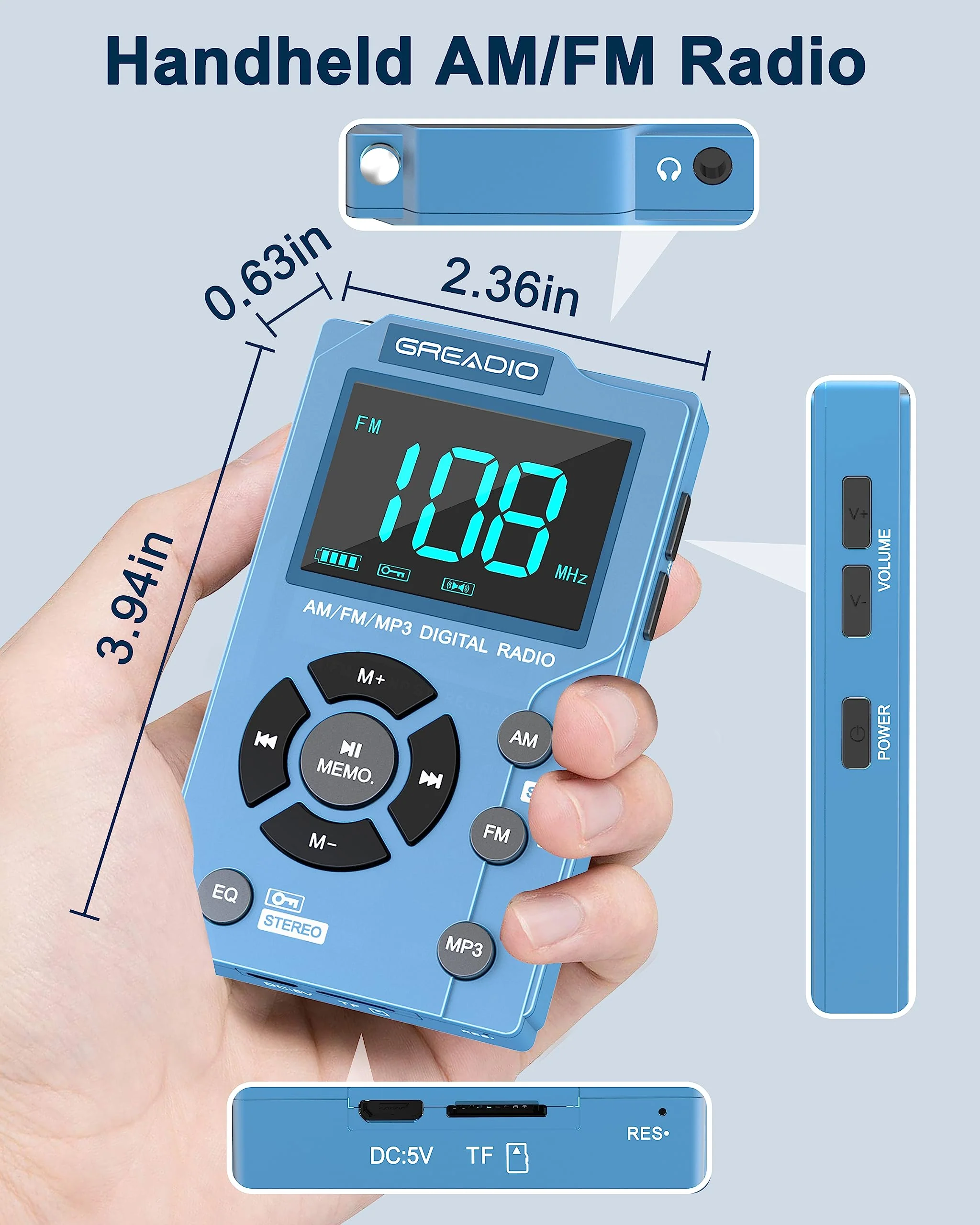 Greadio Portable AM FM Radio with MP3 Player, Best Reception Pocket Radio, Large LCD Screen and Easy to Use, 6 EQ Stereo, Earphone Jack for Jogging, Walking, Camping Blue - Image 5