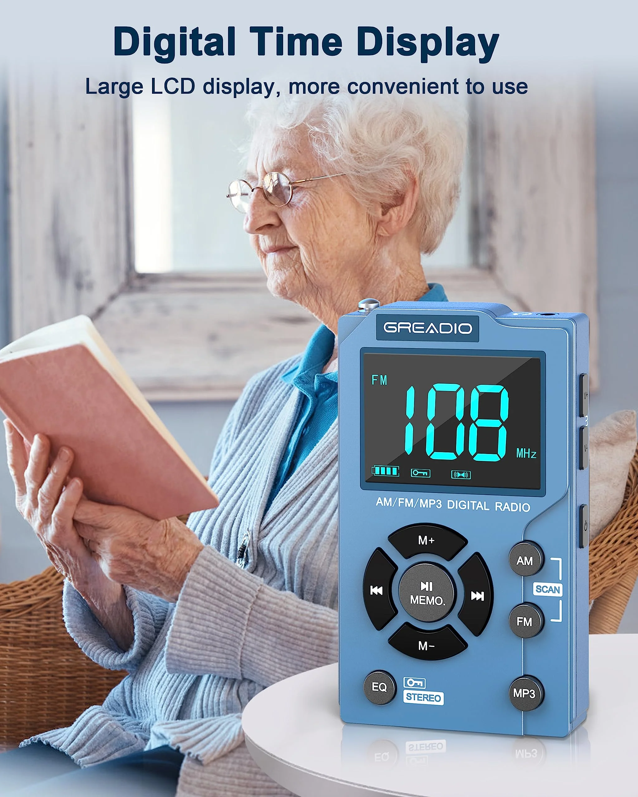 Greadio Portable AM FM Radio with MP3 Player, Best Reception Pocket Radio, Large LCD Screen and Easy to Use, 6 EQ Stereo, Earphone Jack for Jogging, Walking, Camping Blue - Image 6