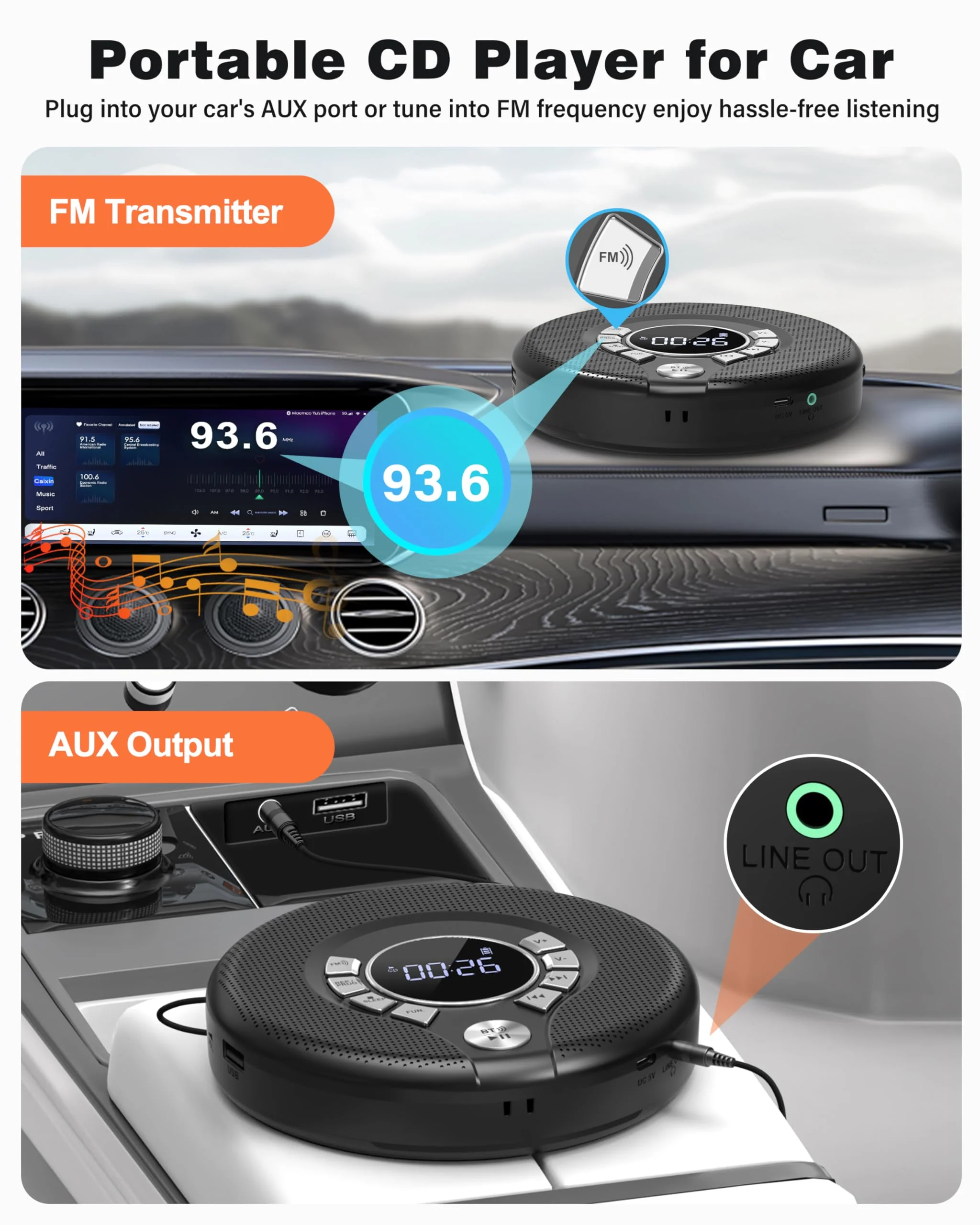 Greadio Portable Bluetooth CD Player with 2000mAh Rechargeable, Personal CD Player for Car with FM Transmitter/AUX, CD Discman Player with Headphone, 120s Anti-Skip, USB Port, Backlight (Black) Black-CD Player with FM Transmitter - Image 3