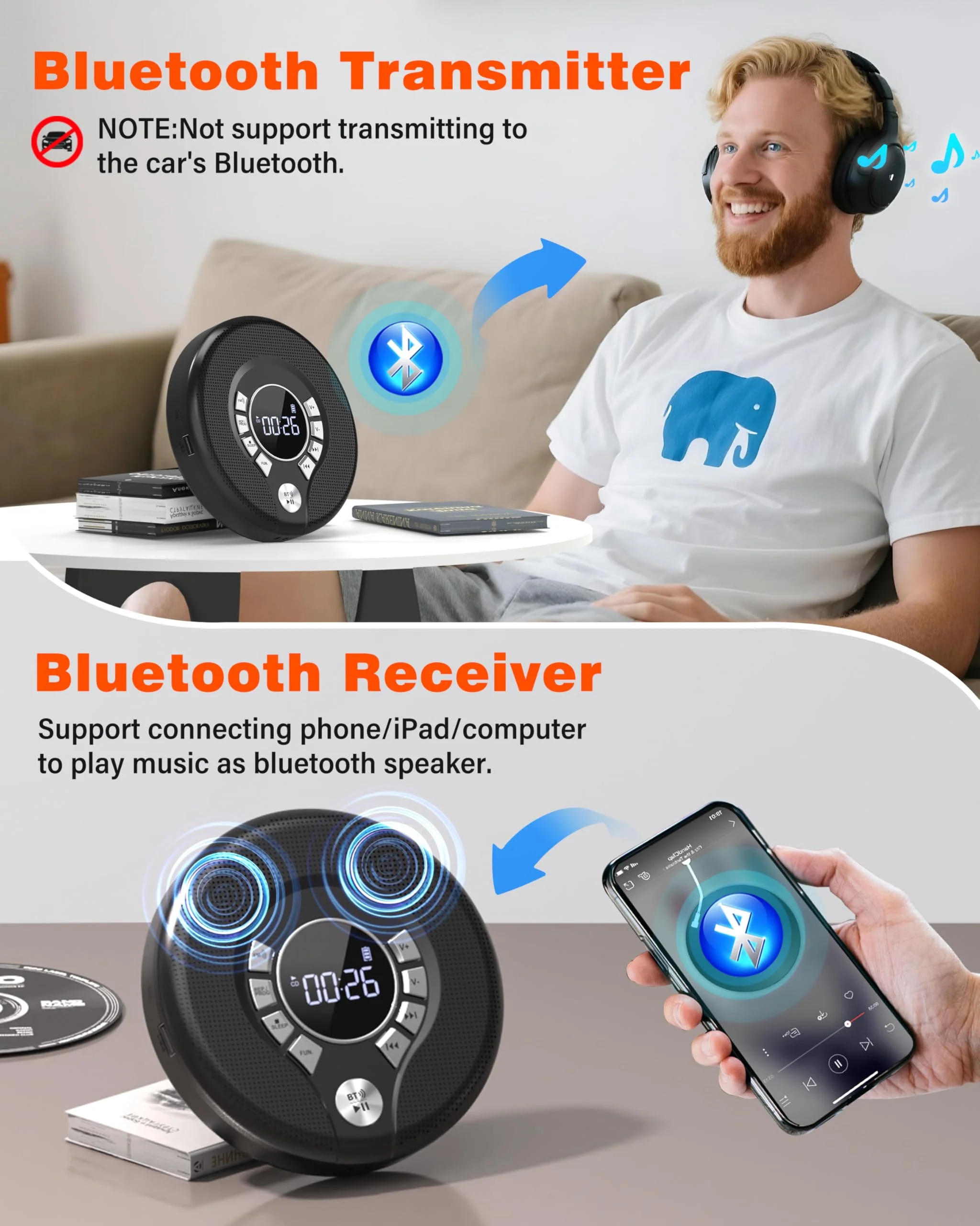 Greadio Portable Bluetooth CD Player with 2000mAh Rechargeable, Personal CD Player for Car with FM Transmitter/AUX, CD Discman Player with Headphone, 120s Anti-Skip, USB Port, Backlight (Black) Black-CD Player with FM Transmitter - Image 4