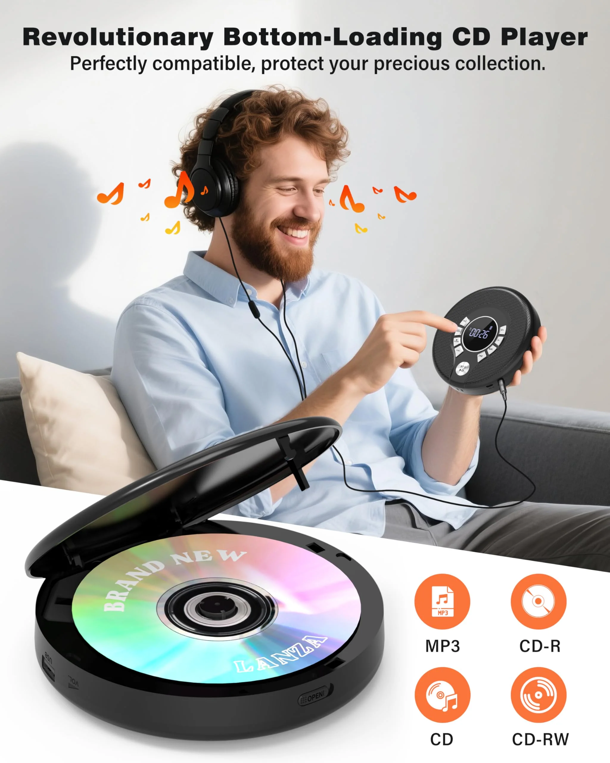 Greadio Portable Bluetooth CD Player with 2000mAh Rechargeable, Personal CD Player for Car with FM Transmitter/AUX, CD Discman Player with Headphone, 120s Anti-Skip, USB Port, Backlight (Black) Black-CD Player with FM Transmitter - Image 5