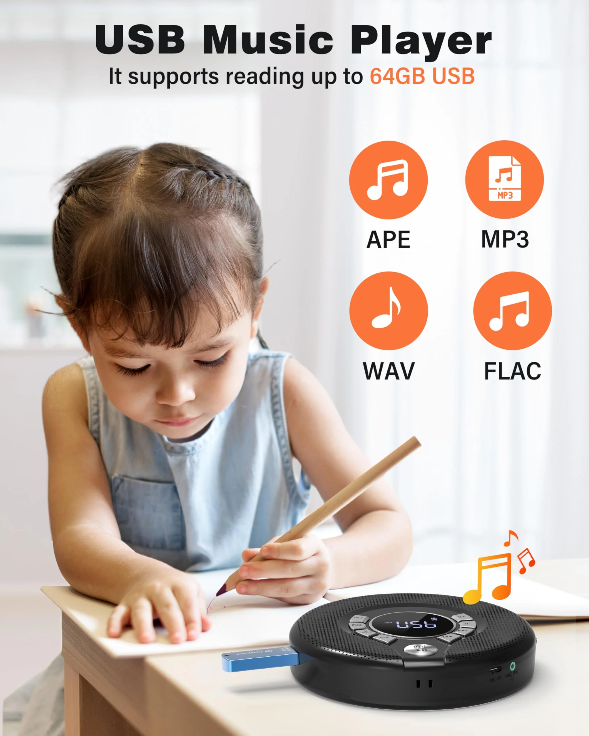 Greadio Portable Bluetooth CD Player with 2000mAh Rechargeable, Personal CD Player for Car with FM Transmitter/AUX, CD Discman Player with Headphone, 120s Anti-Skip, USB Port, Backlight (Black) Black-CD Player with FM Transmitter - Image 9