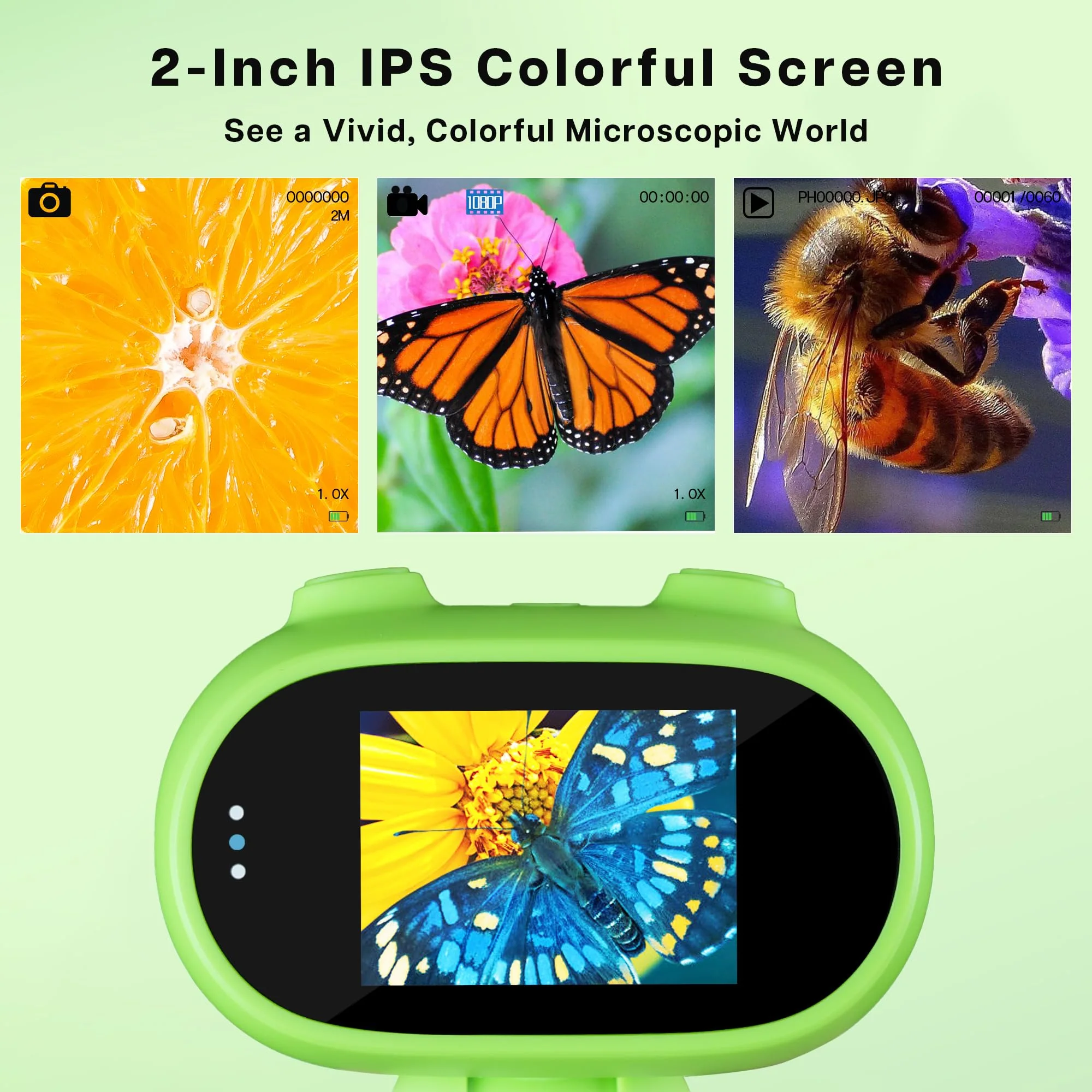 GreenPeek Microscope for Kids with 2" Screen 1000x Portable Pocket Digital Kids Mini Scope, 16GB Card, Kids Educational Science Kit, Gift for Kids 4-12 (Light Green) Light Green - Image 2