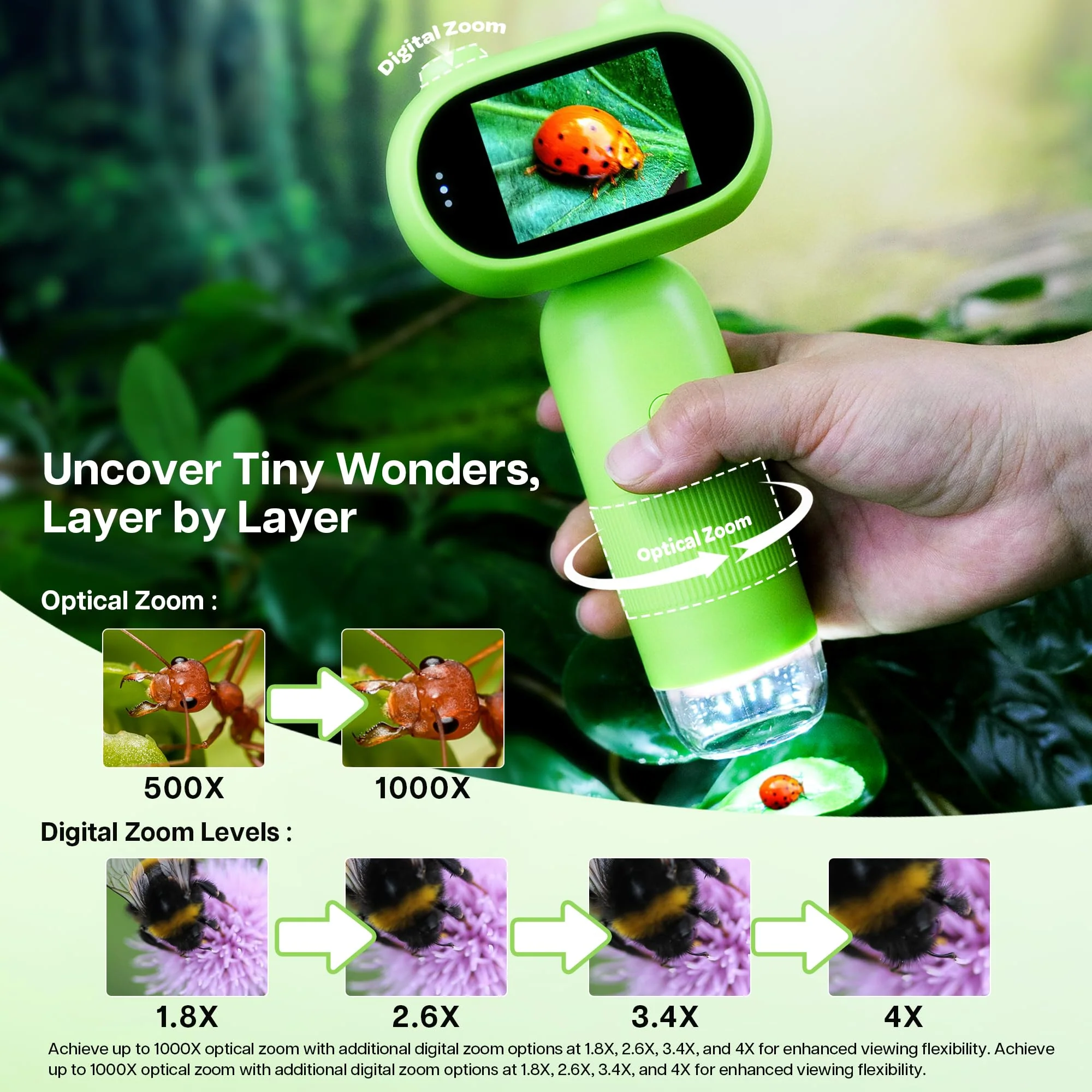 GreenPeek Microscope for Kids with 2" Screen 1000x Portable Pocket Digital Kids Mini Scope, 16GB Card, Kids Educational Science Kit, Gift for Kids 4-12 (Light Green) Light Green - Image 3