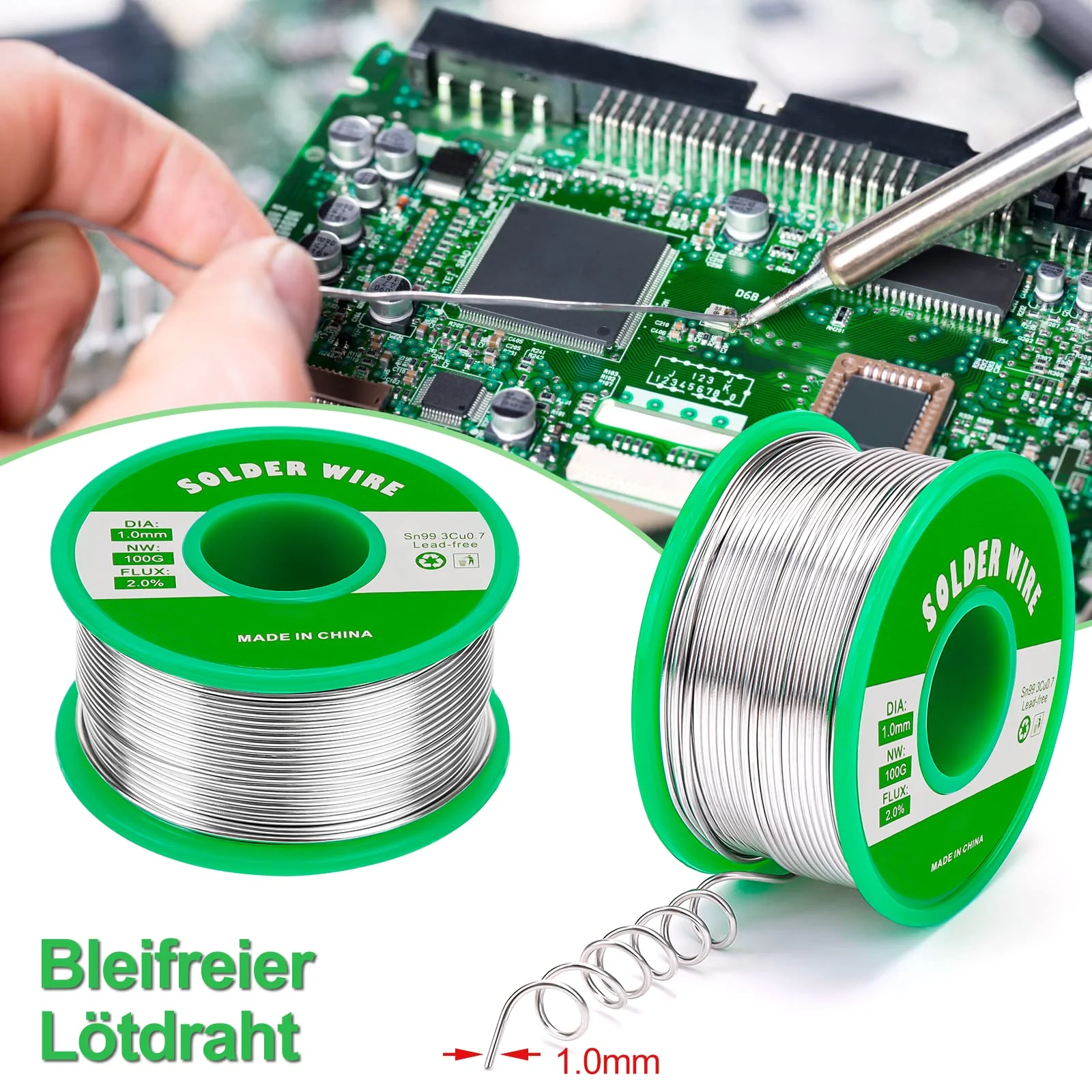 Gruiqrd Solder 1 mm, Solder Wire Electronics with Flux Sn99.3 Cu0.7, Solder Wire with Rosin Core for Electric Soldering and DIY (100 g) 1mm-100g - Image 2