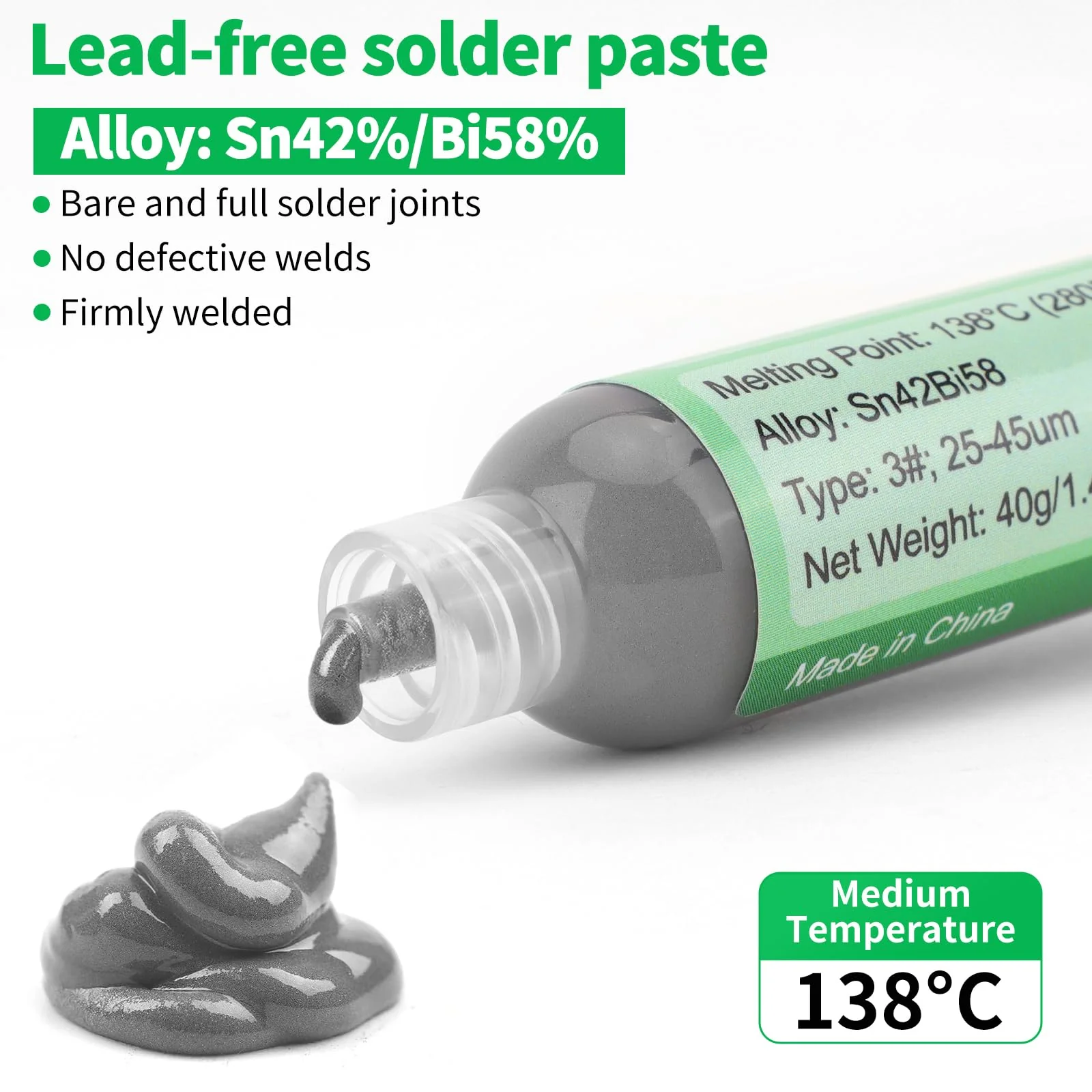 Gruiqrd Syringe Soldering Paste Flux Sn42 Bi58, Lead-Free Soldering Paste, Soldering Flux Tin Paste, Low Temperature Solder Paste 138 Degrees, for BGA LED SMD SMT Solder (1.41 oz/40 g) - Image 6