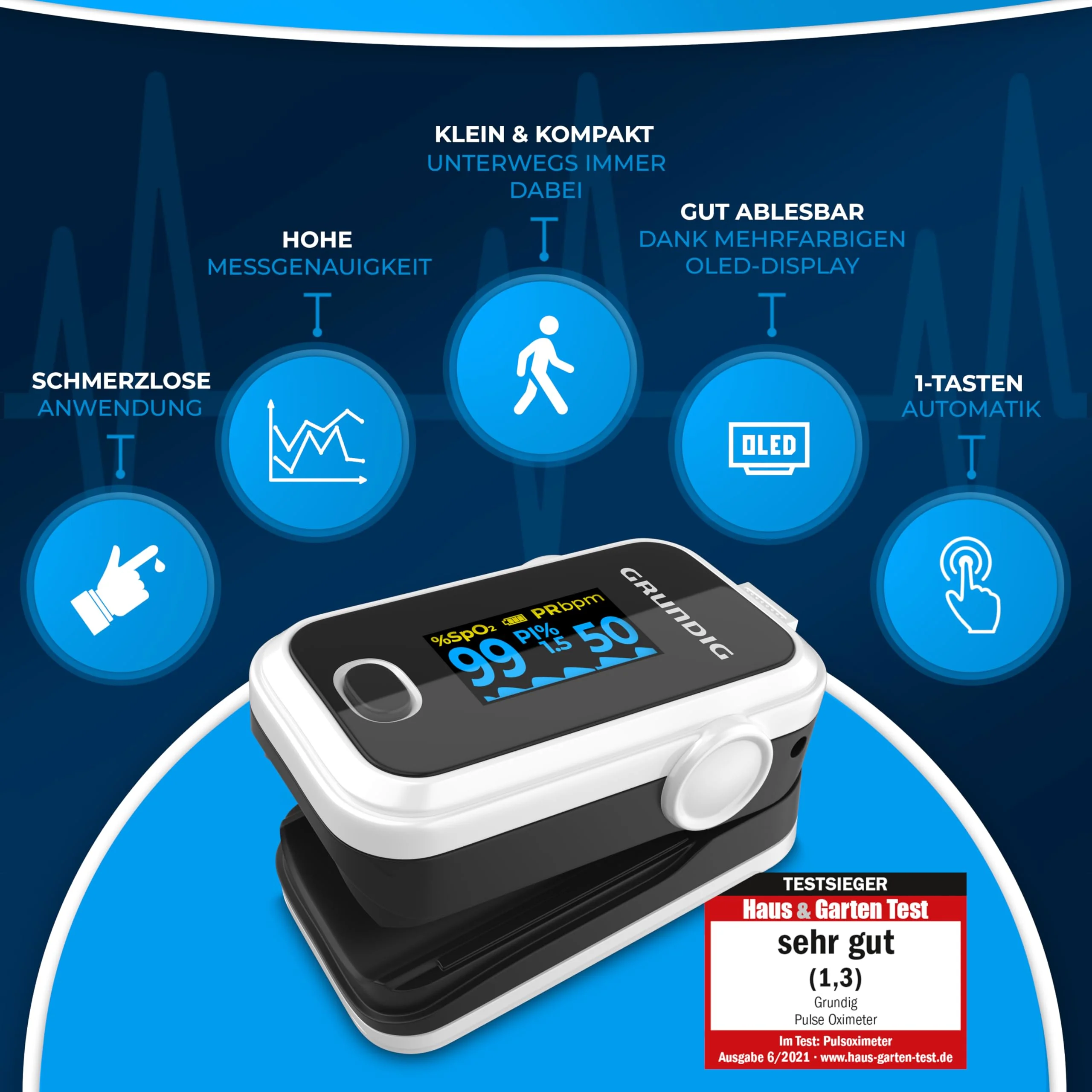 GRUNDIG Pulse Oximeter Oxygen Saturation Oximeter Test Winner - High Precision Finger Oximeter Meter for Accurate Measurement of Oxygen Saturation in the Blood - Finger Measuring Device Pulse Monitor White - Image 2