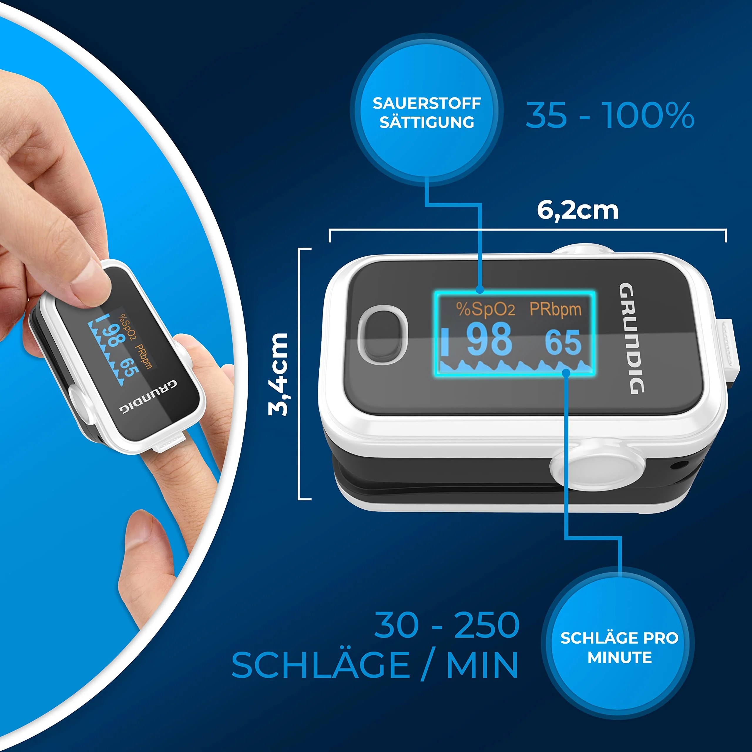 GRUNDIG Pulse Oximeter Oxygen Saturation Oximeter Test Winner - High Precision Finger Oximeter Meter for Accurate Measurement of Oxygen Saturation in the Blood - Finger Measuring Device Pulse Monitor White - Image 3