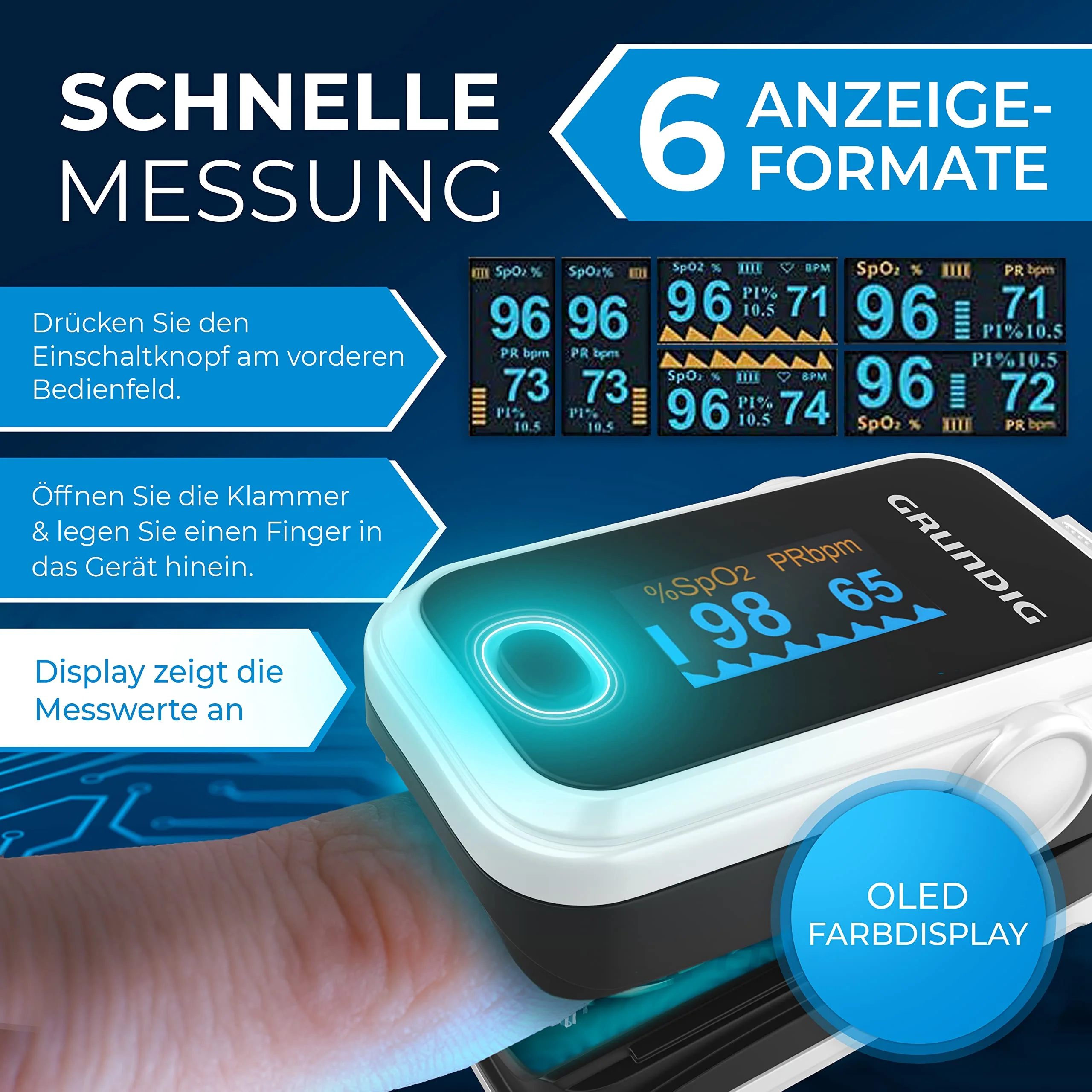 GRUNDIG Pulse Oximeter Oxygen Saturation Oximeter Test Winner - High Precision Finger Oximeter Meter for Accurate Measurement of Oxygen Saturation in the Blood - Finger Measuring Device Pulse Monitor White - Image 4
