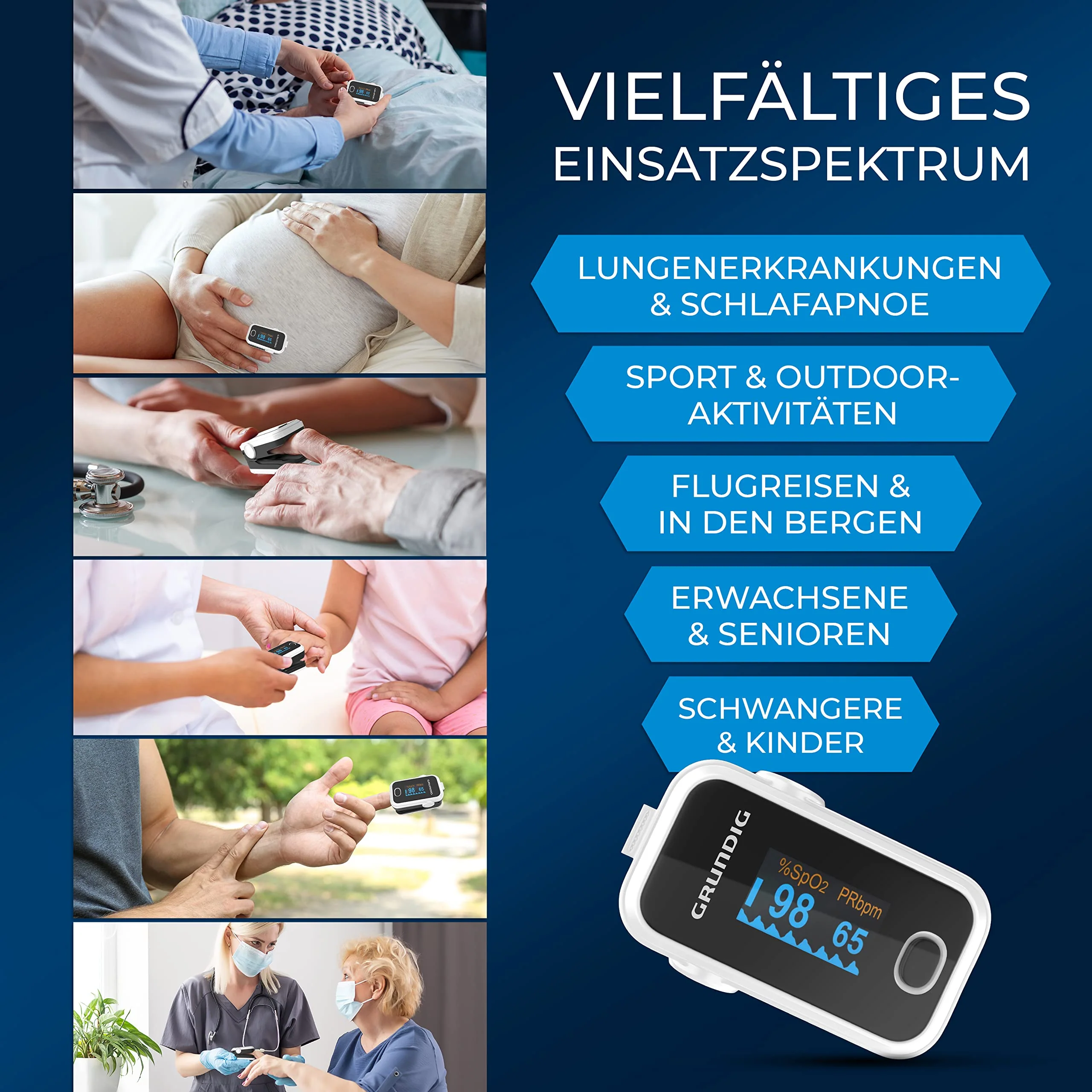 GRUNDIG Pulse Oximeter Oxygen Saturation Oximeter Test Winner - High Precision Finger Oximeter Meter for Accurate Measurement of Oxygen Saturation in the Blood - Finger Measuring Device Pulse Monitor White - Image 6