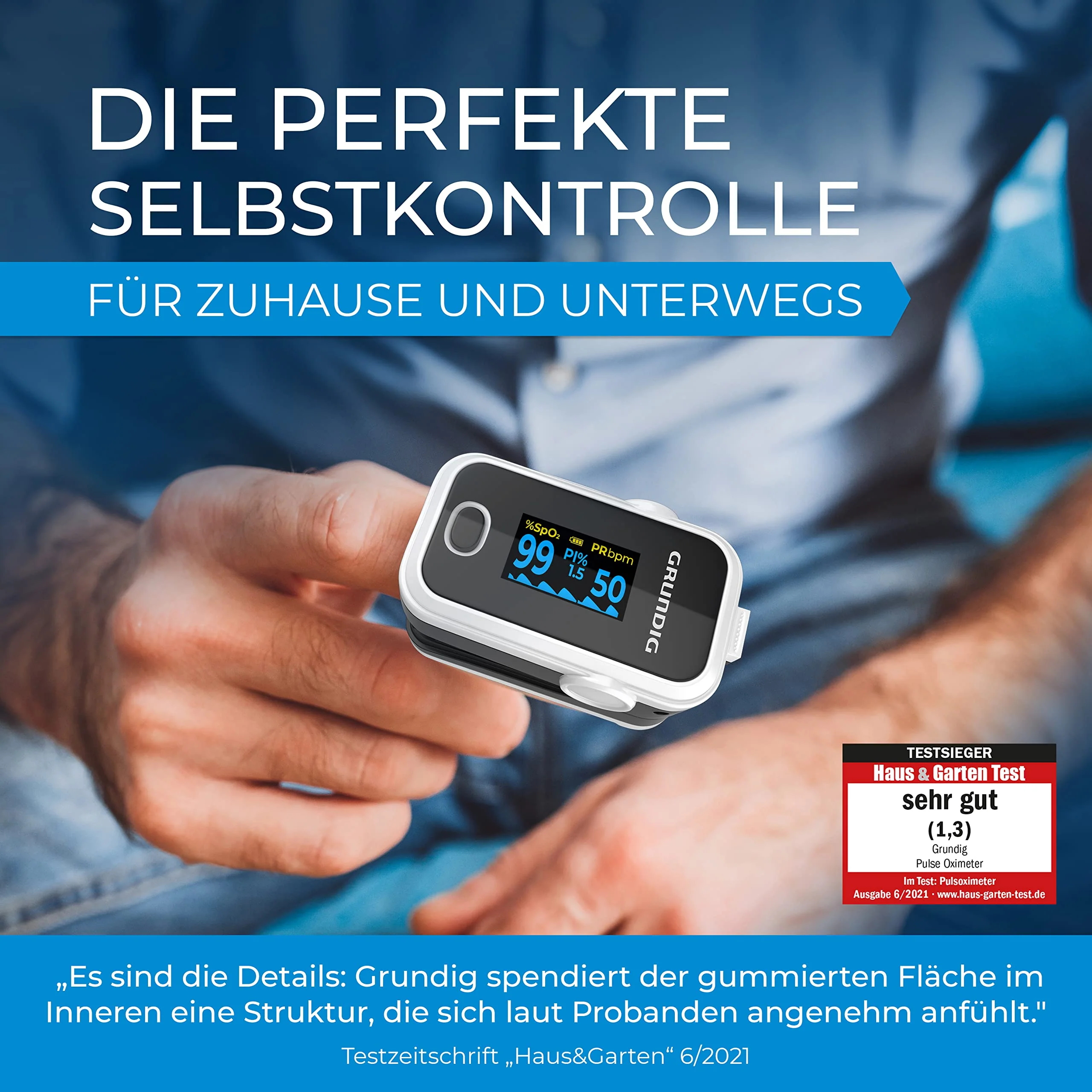 GRUNDIG Pulse Oximeter Oxygen Saturation Oximeter Test Winner - High Precision Finger Oximeter Meter for Accurate Measurement of Oxygen Saturation in the Blood - Finger Measuring Device Pulse Monitor White - Image 7