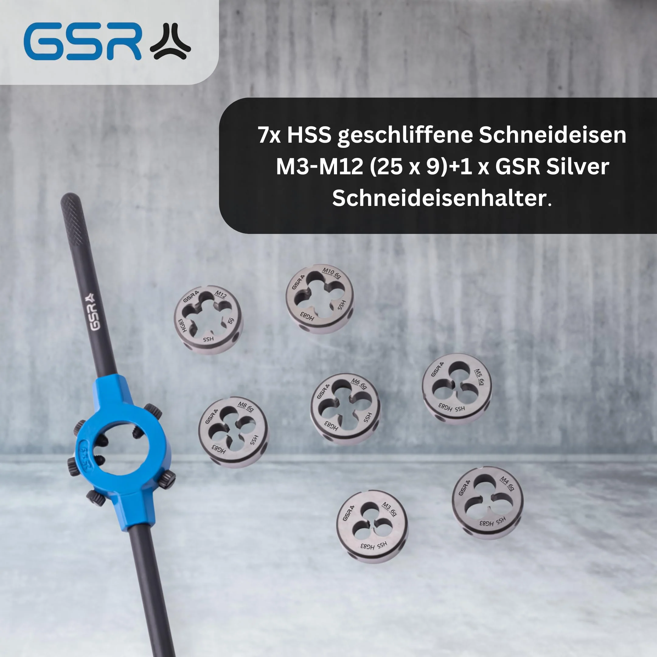 GSR Professional die set, 8 pieces, M3-M12, HSS-G thread cutter for external thread, diameter 25 x 9 mm, with die holder, in metal case, for steel, metal, craft and industry - Image 7